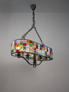 Large Italian Multi-Colored Hammered Crystal and Wrought Iron Chandelier