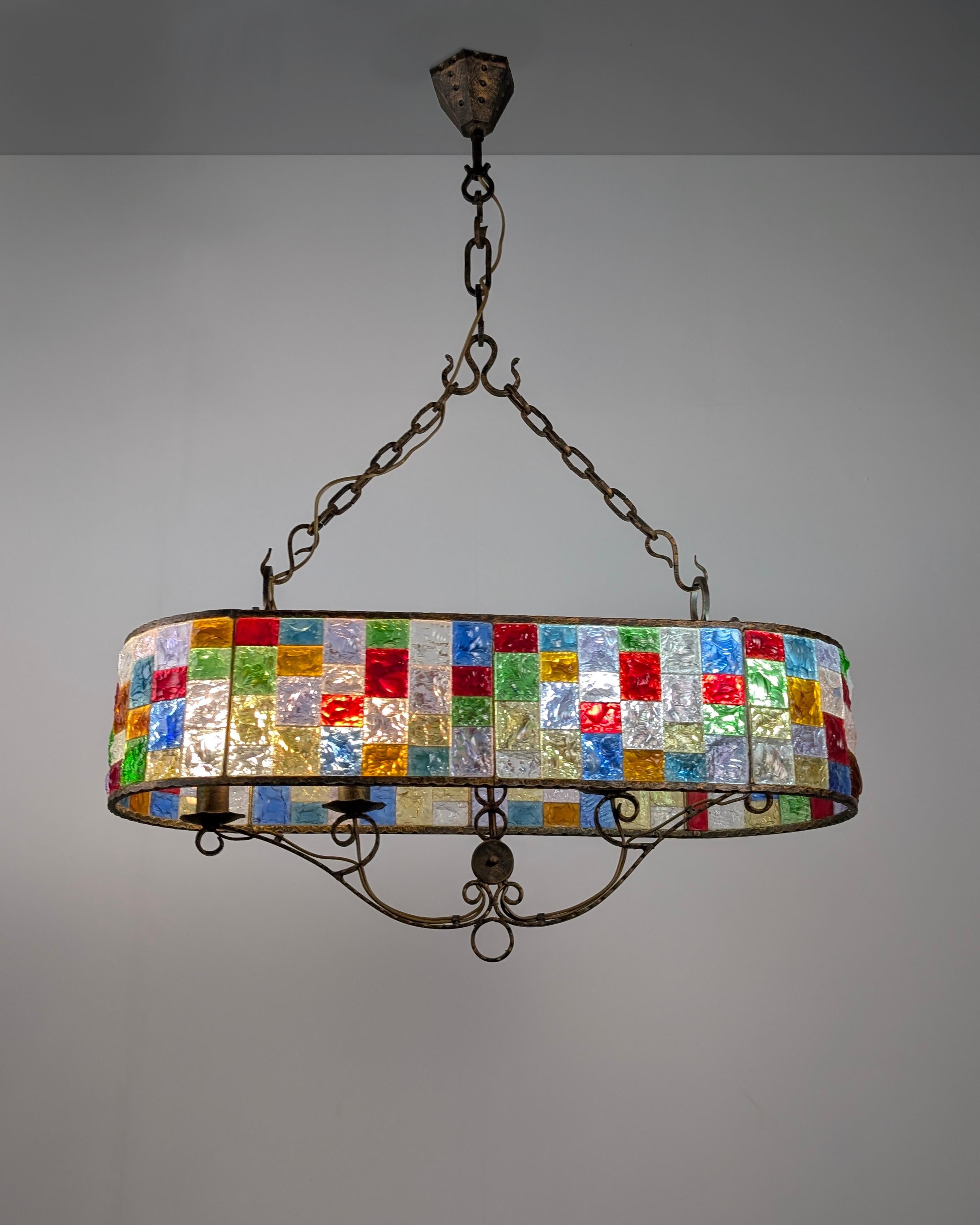 Brutalist Large Italian Multi-Colored Hammered Crystal and Wrought Iron Chandelier For Sale