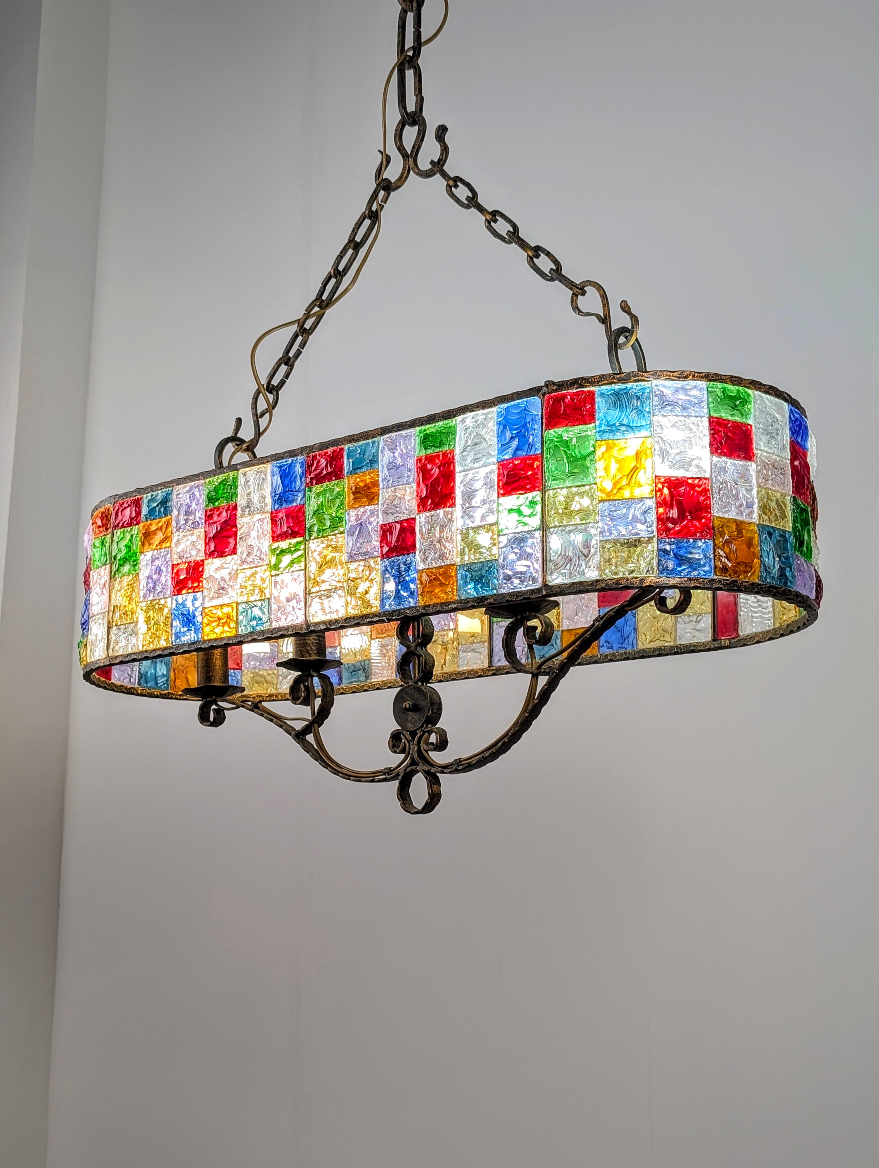 Large Italian Multi-Colored Hammered Crystal and Wrought Iron Chandelier In Good Condition For Sale In Benalmadena, ES