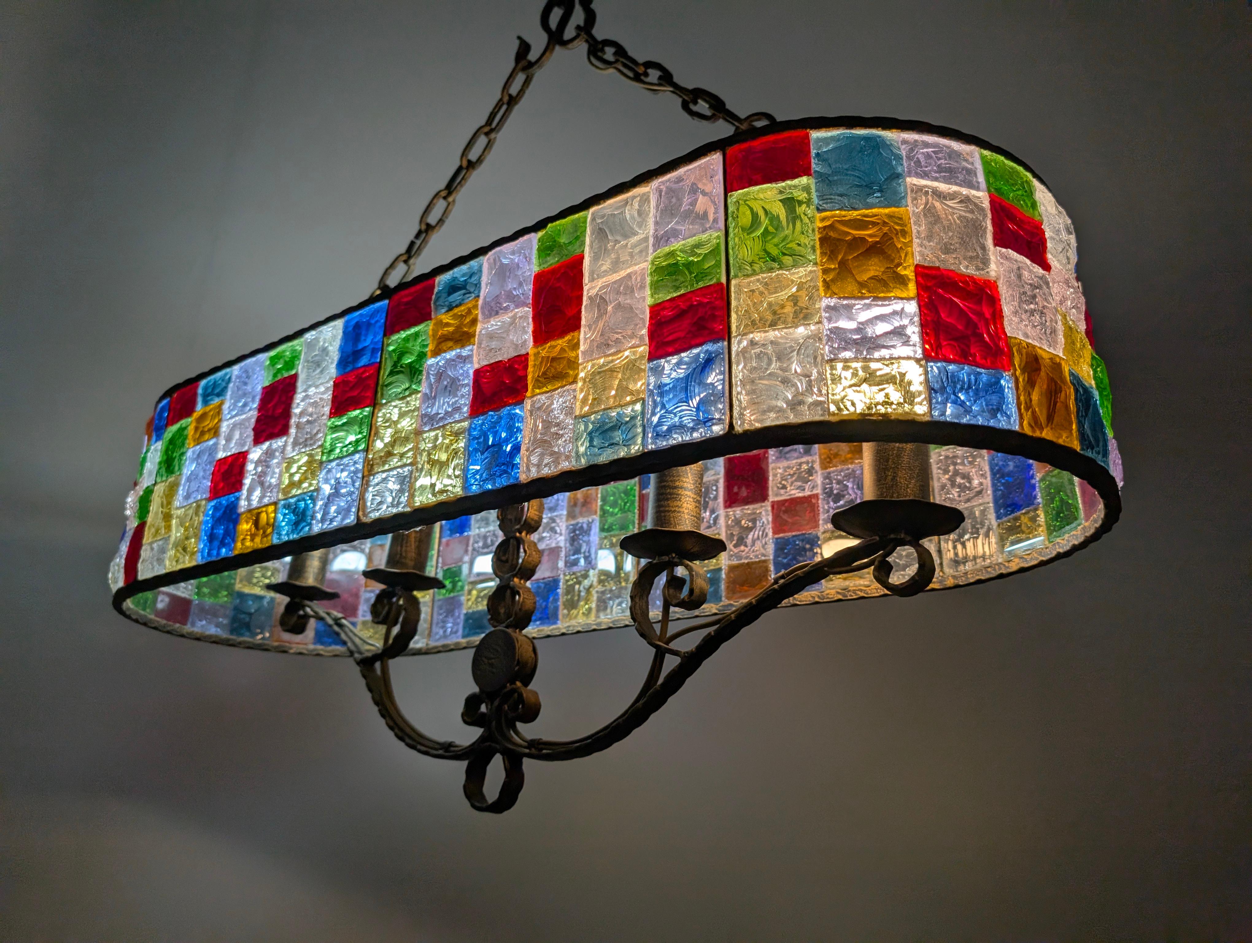 Glass Large Italian Multi-Colored Hammered Crystal and Wrought Iron Chandelier For Sale