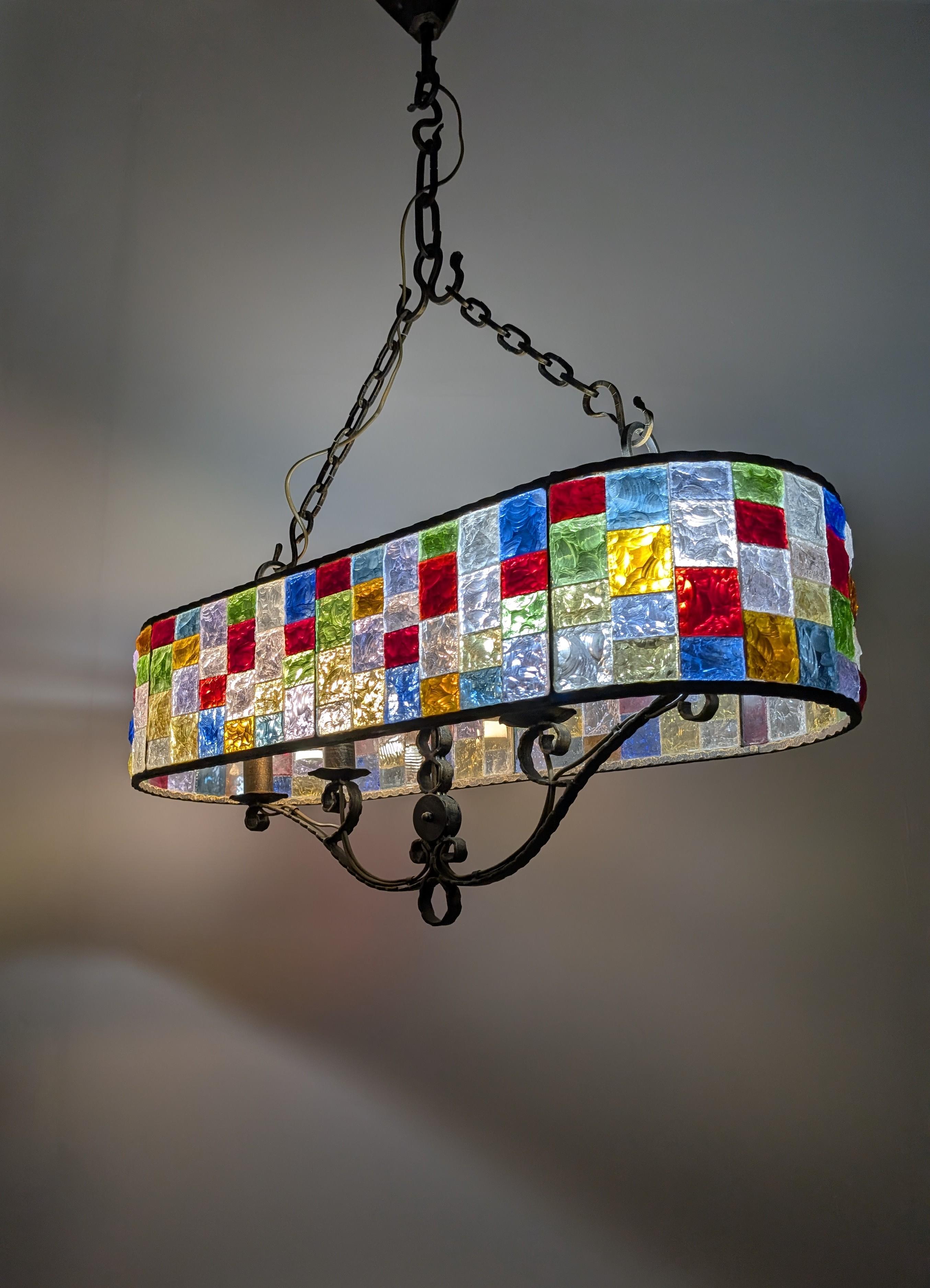 Large Italian Multi-Colored Hammered Crystal and Wrought Iron Chandelier For Sale 3