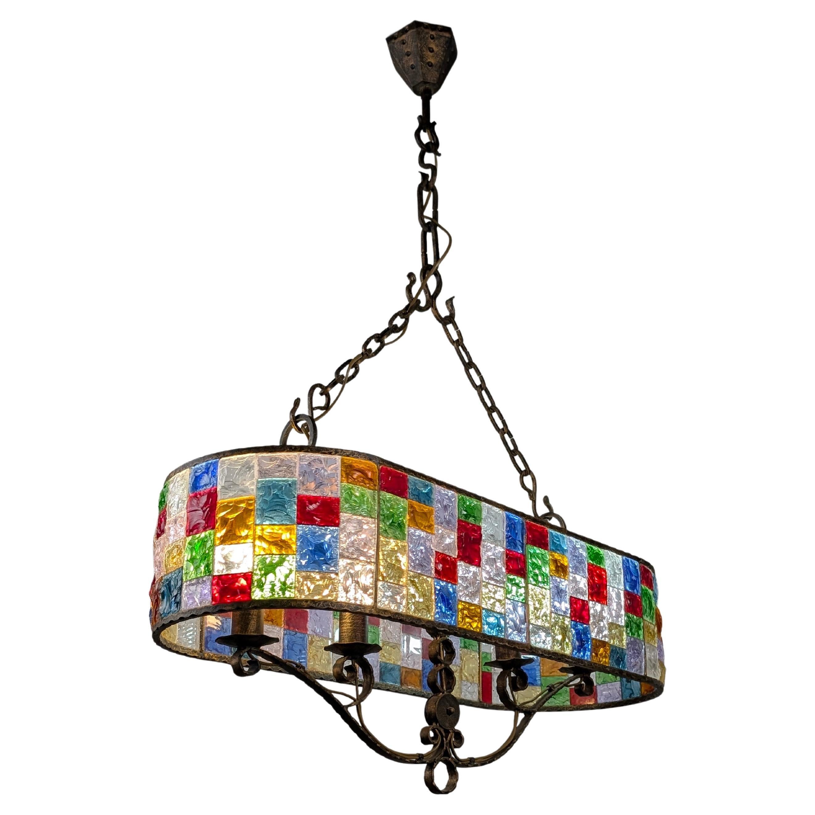 Large Italian Multi-Colored Hammered Crystal and Wrought Iron Chandelier