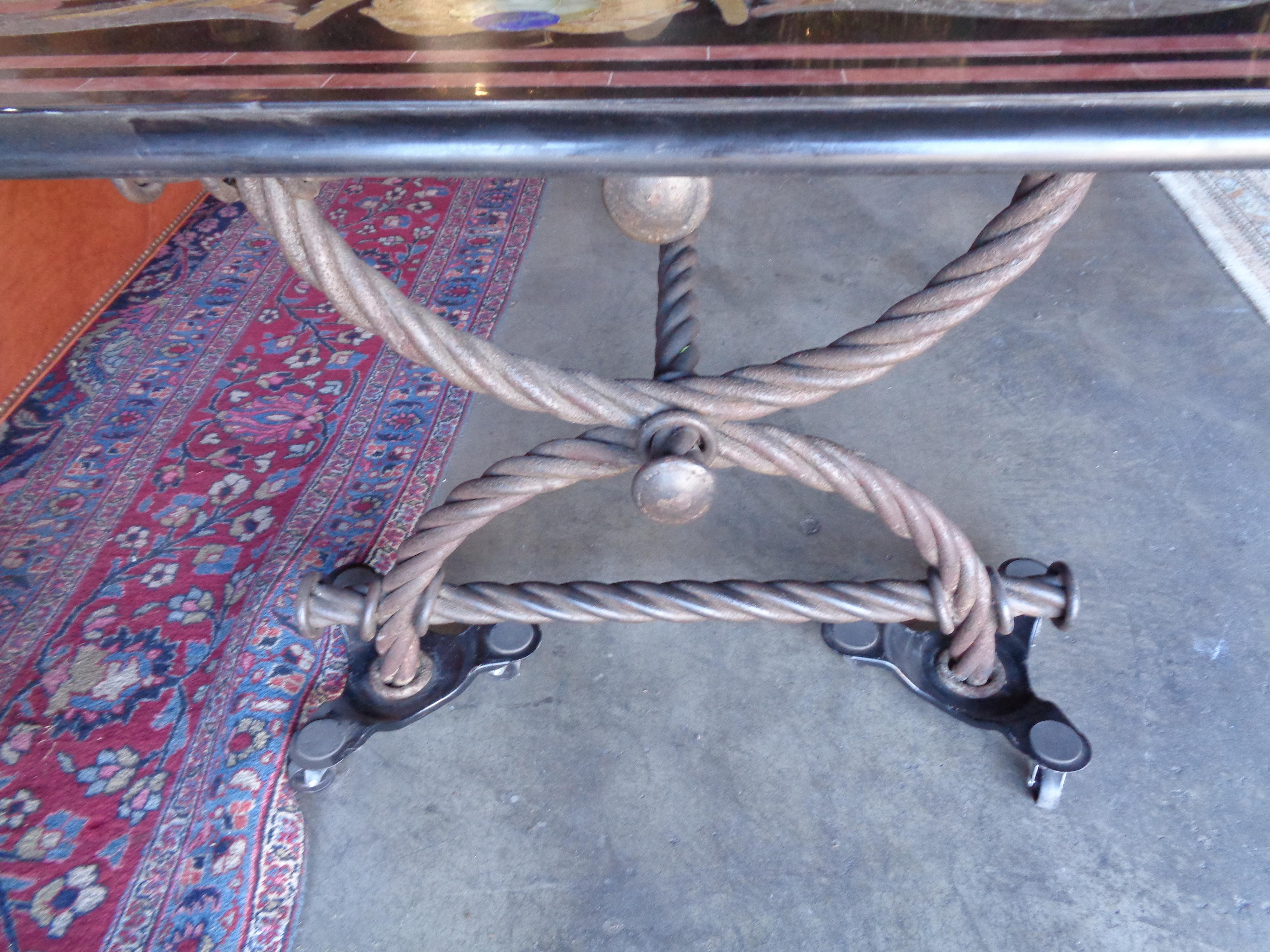 20th Century Large Italian Multicolored Inlaid Marble Table on Iron Base For Sale