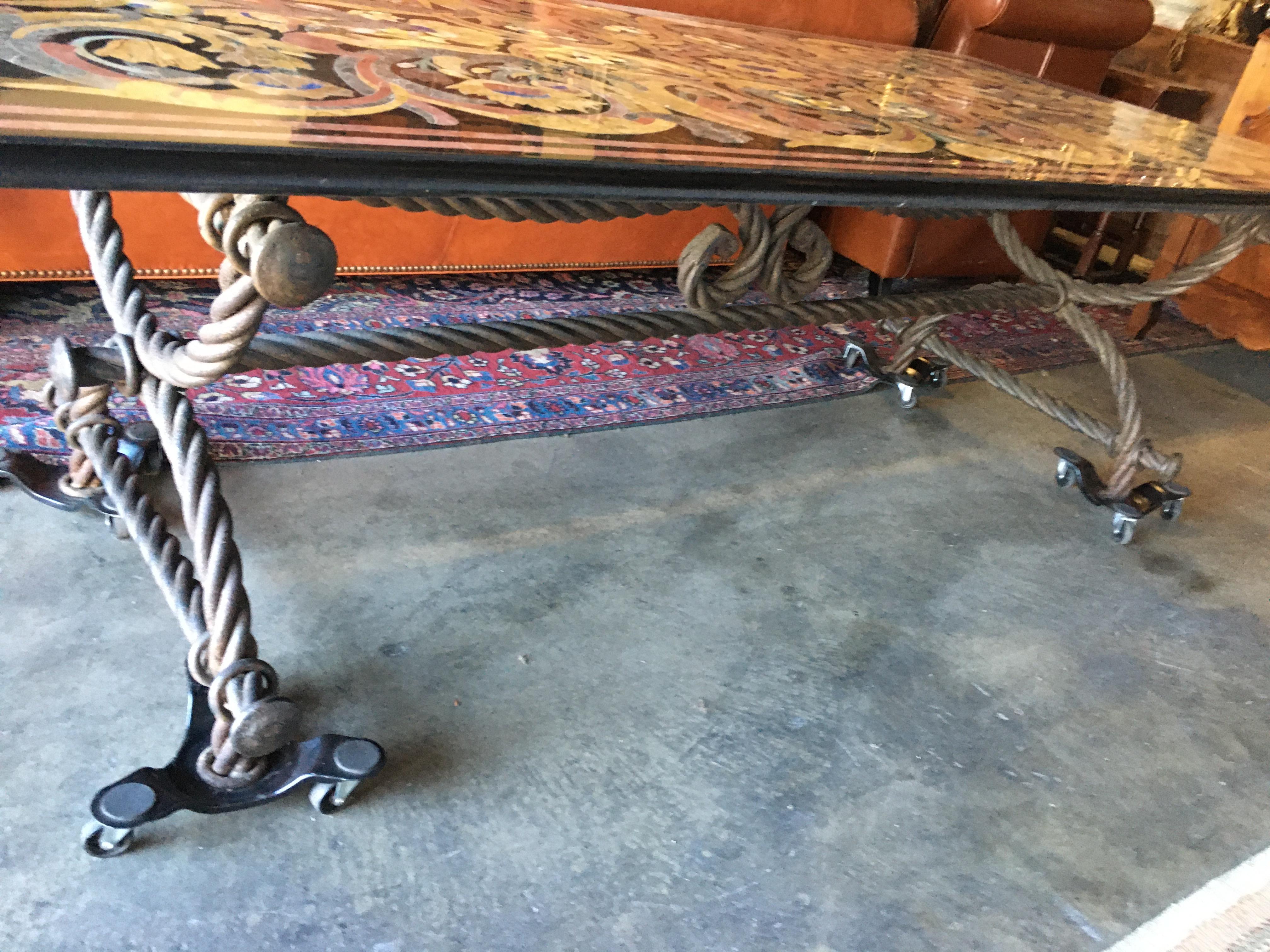 Large Italian Multicolored Inlaid Marble Table on Iron Base For Sale 1