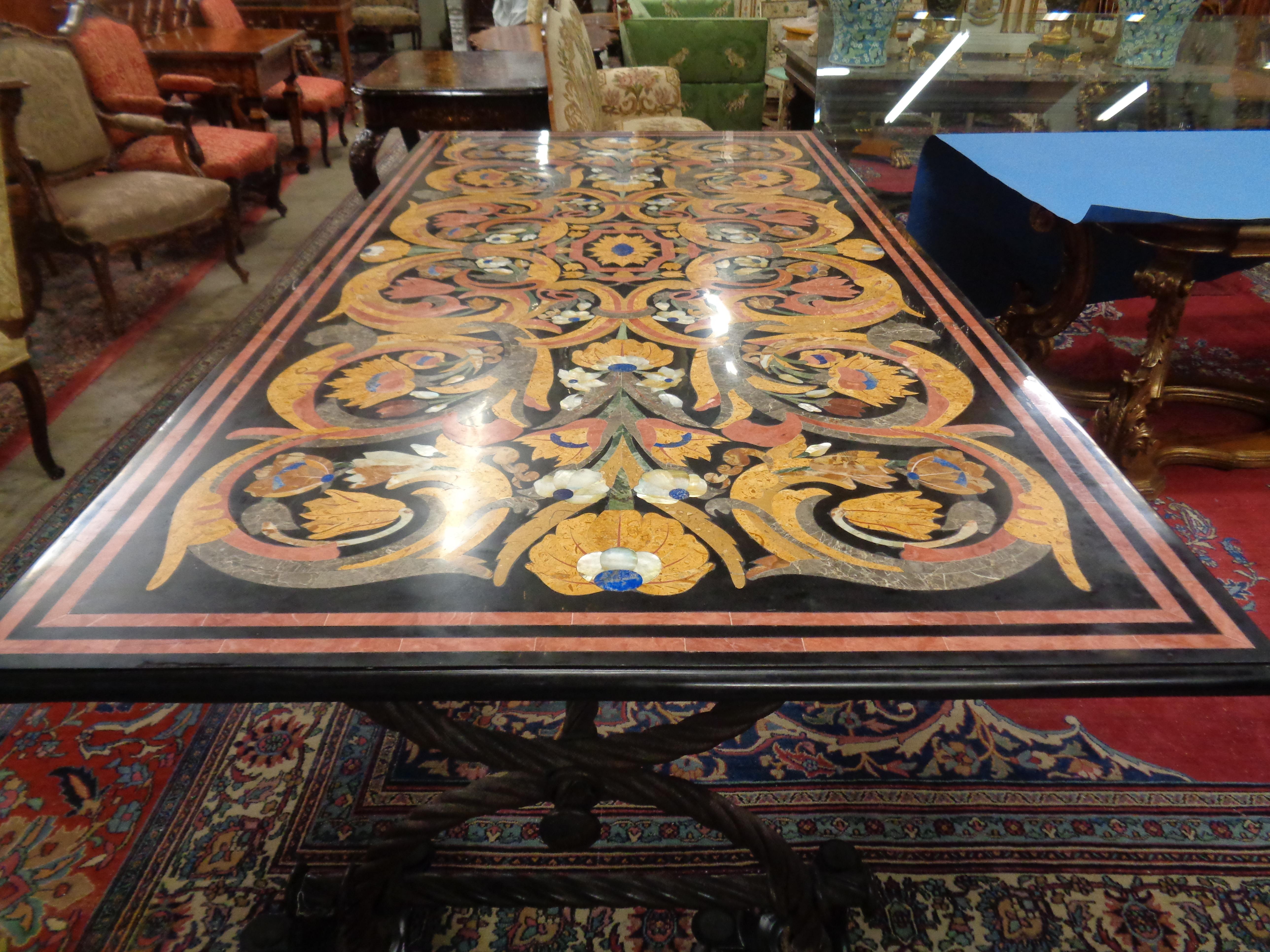 Large Italian Multicolored Inlaid Marble Table on Iron Base For Sale 2