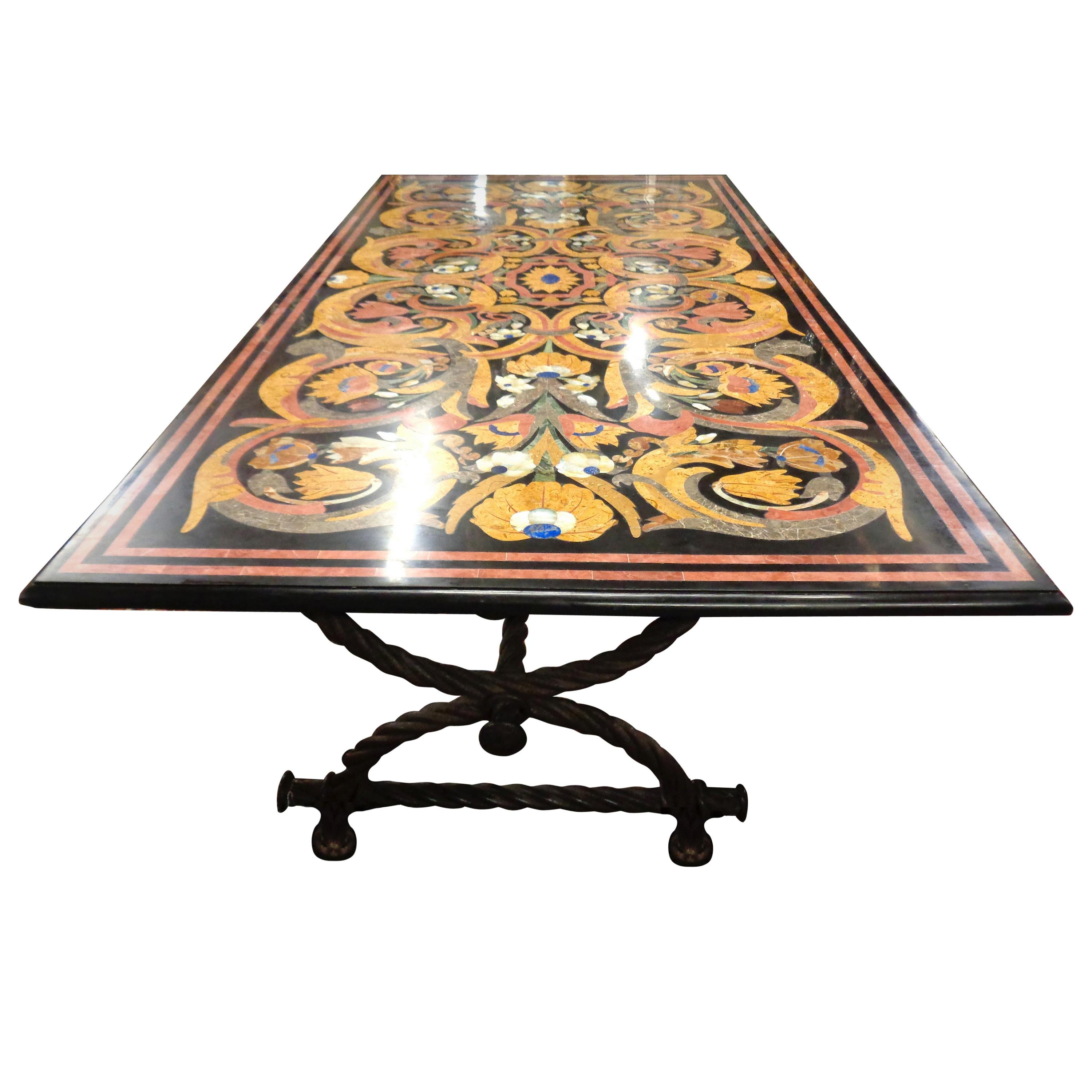 Large Italian Multicolored Inlaid Marble Table on Iron Base For Sale