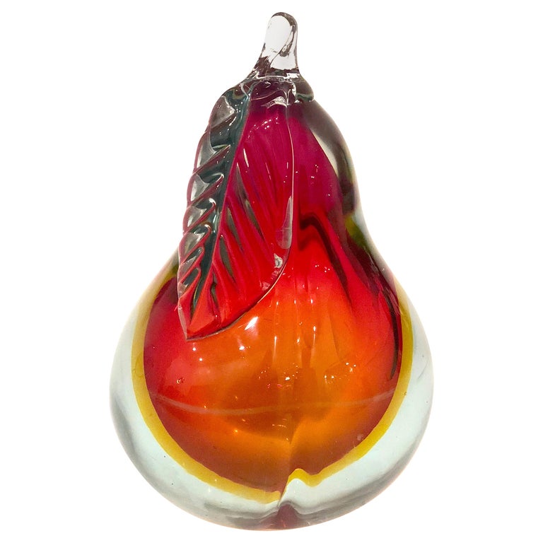 Large Italian Murano Art Glass Pear Fruit Sculpture Bookend For Sale at