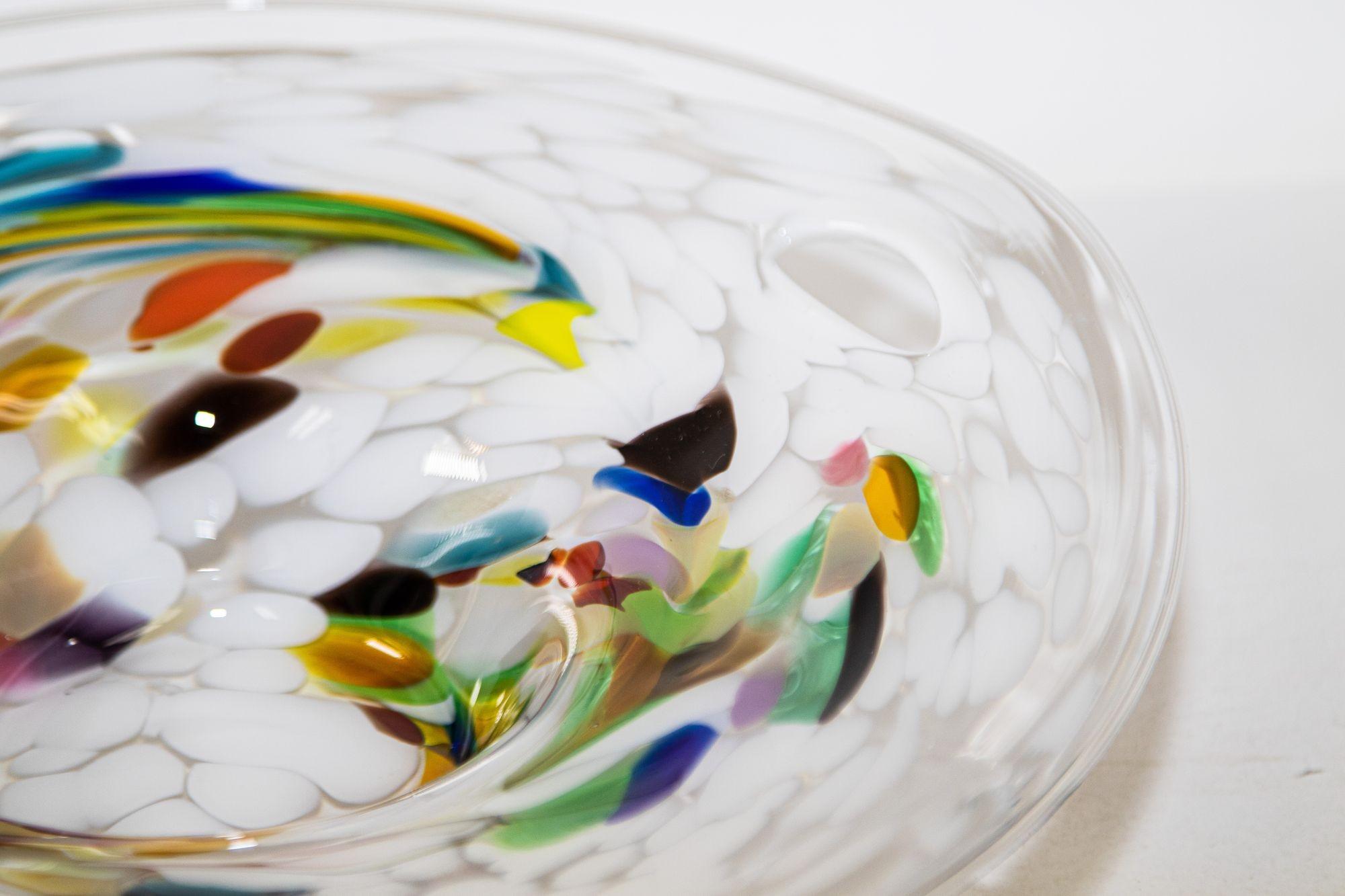 Post-Modern Large Italian Murano Colorful Rainbow Art Glass Bowl Center Piece For Sale
