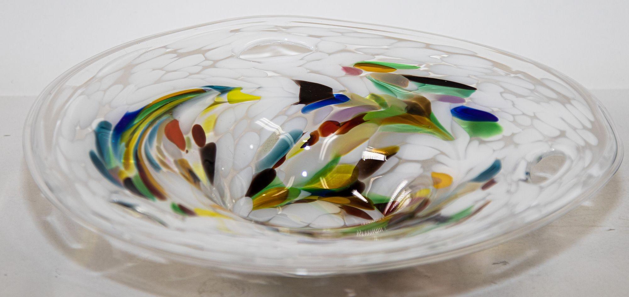 Large Italian Murano Colorful Rainbow Art Glass Bowl Center Piece In Good Condition For Sale In North Hollywood, CA