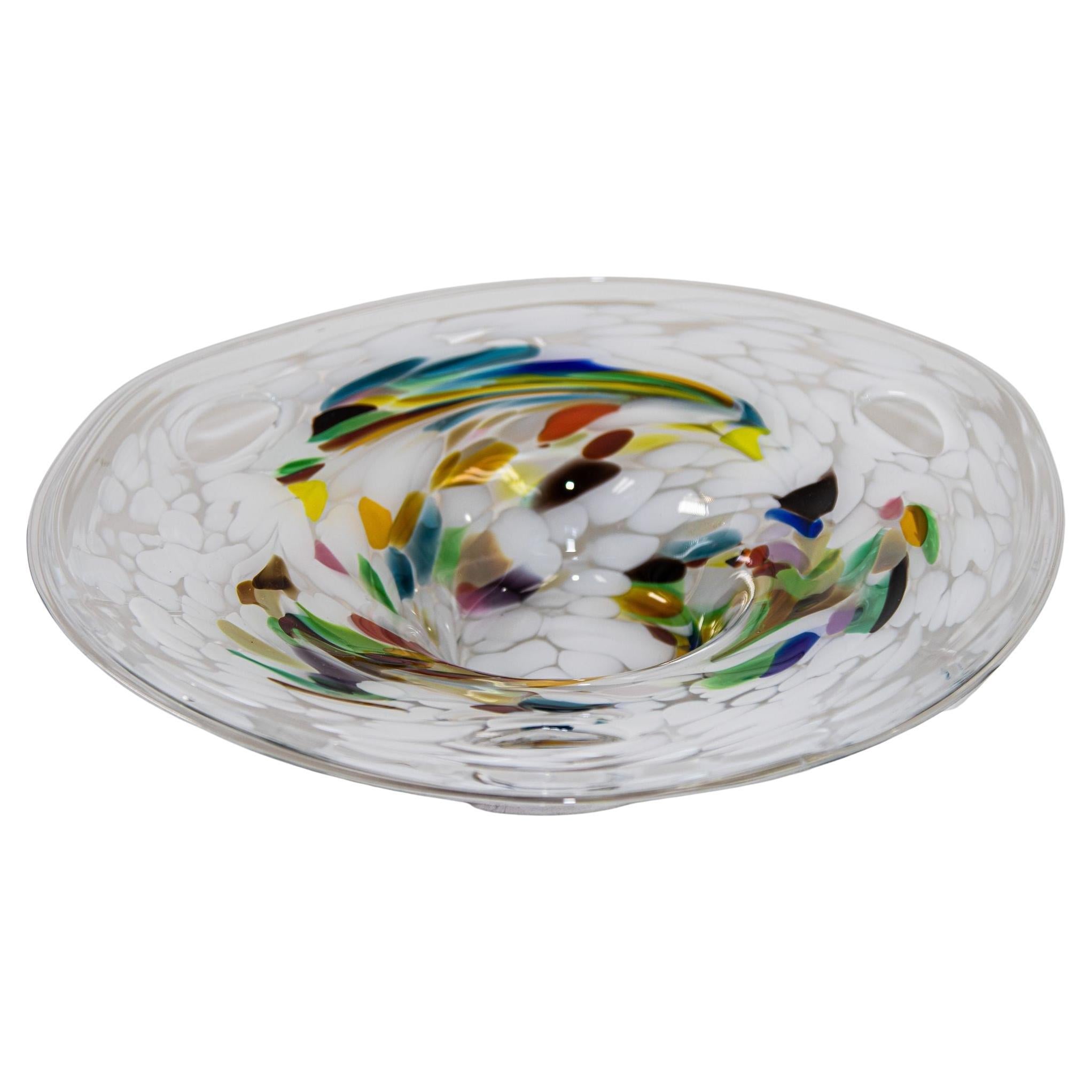 Large Italian Murano Colorful Rainbow Art Glass Bowl Center Piece For Sale