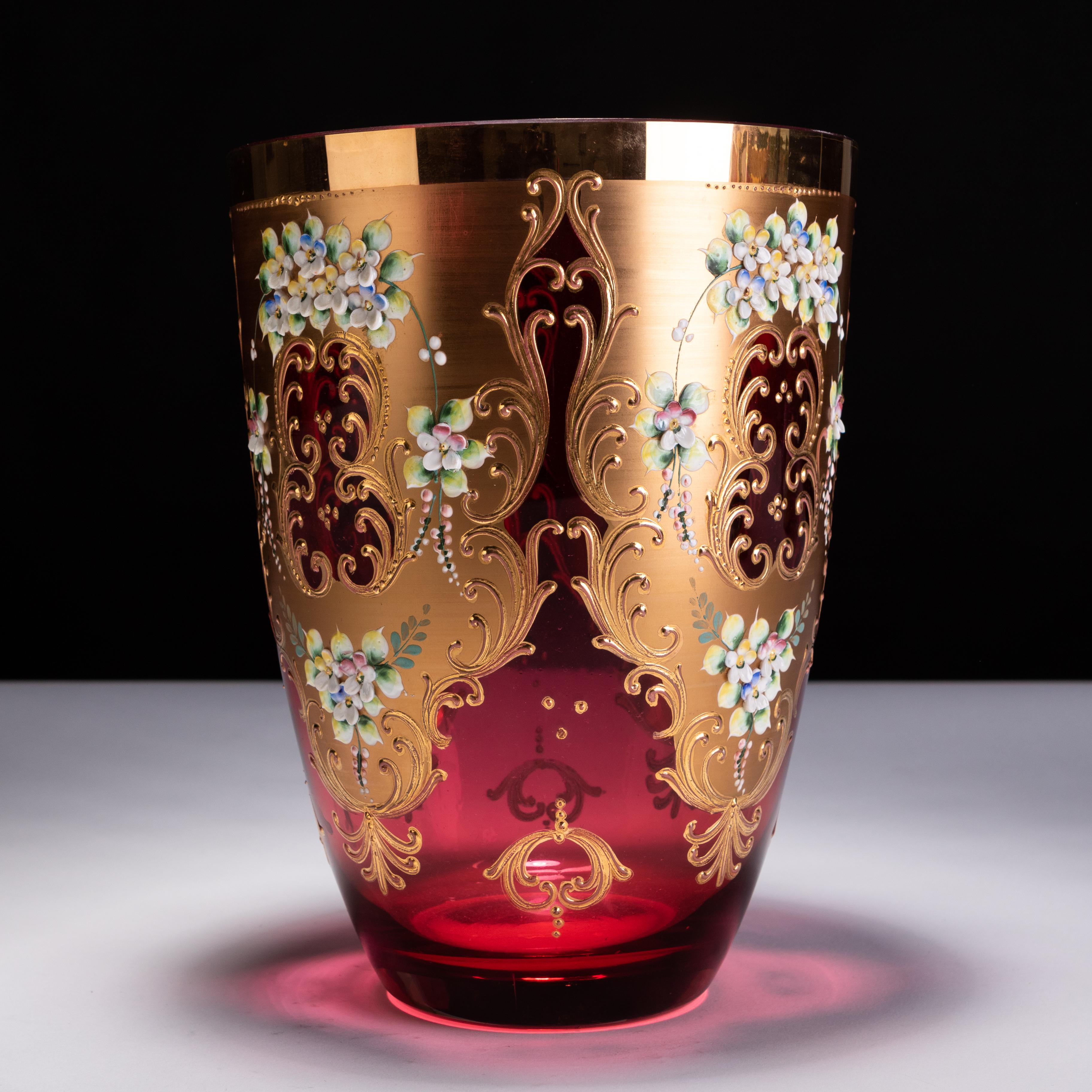 20th Century Large Italian Murano Enamel Glass Venetian 24KT Gold Mid-Century Trefuochi Vase