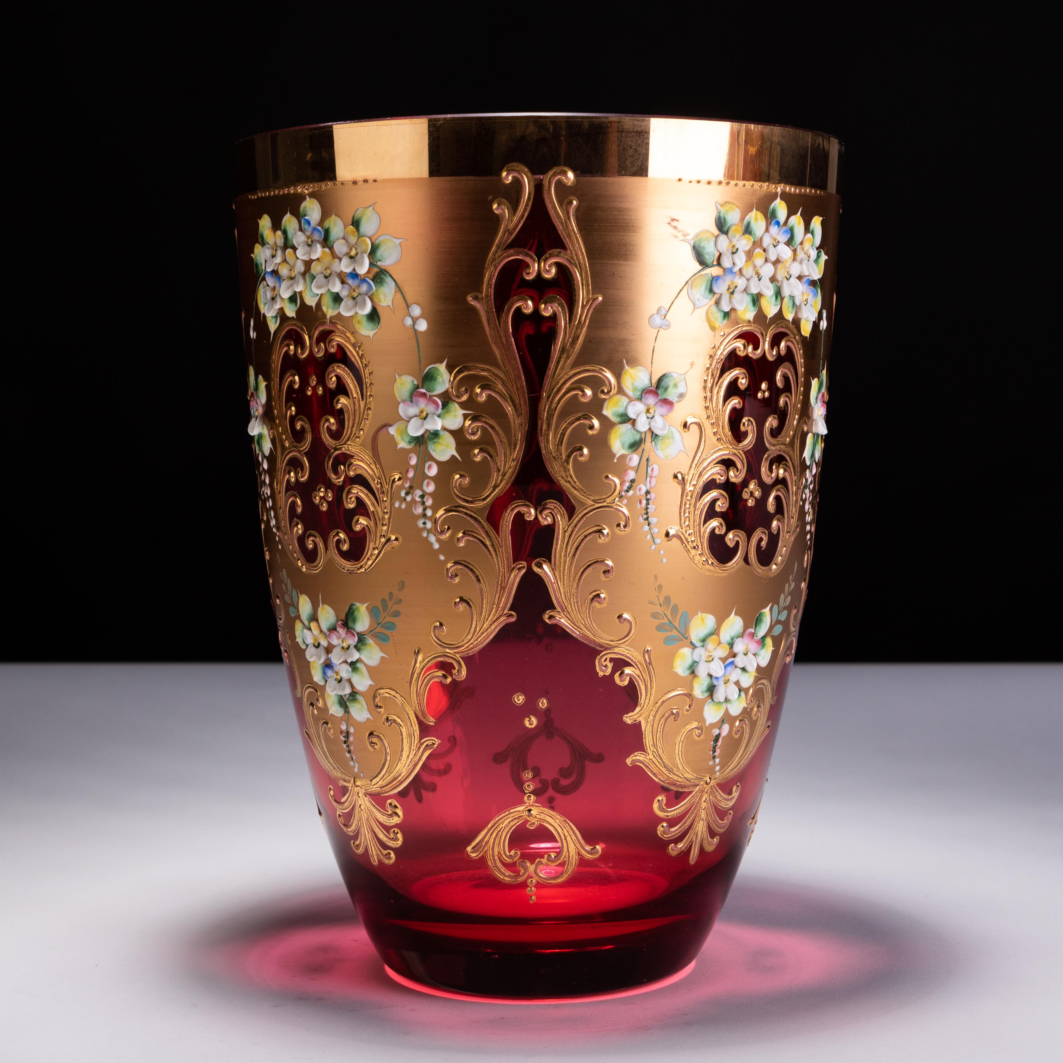 Large Italian Murano Enamel Glass Venetian 24KT Gold Mid-Century Trefuochi Vase 1