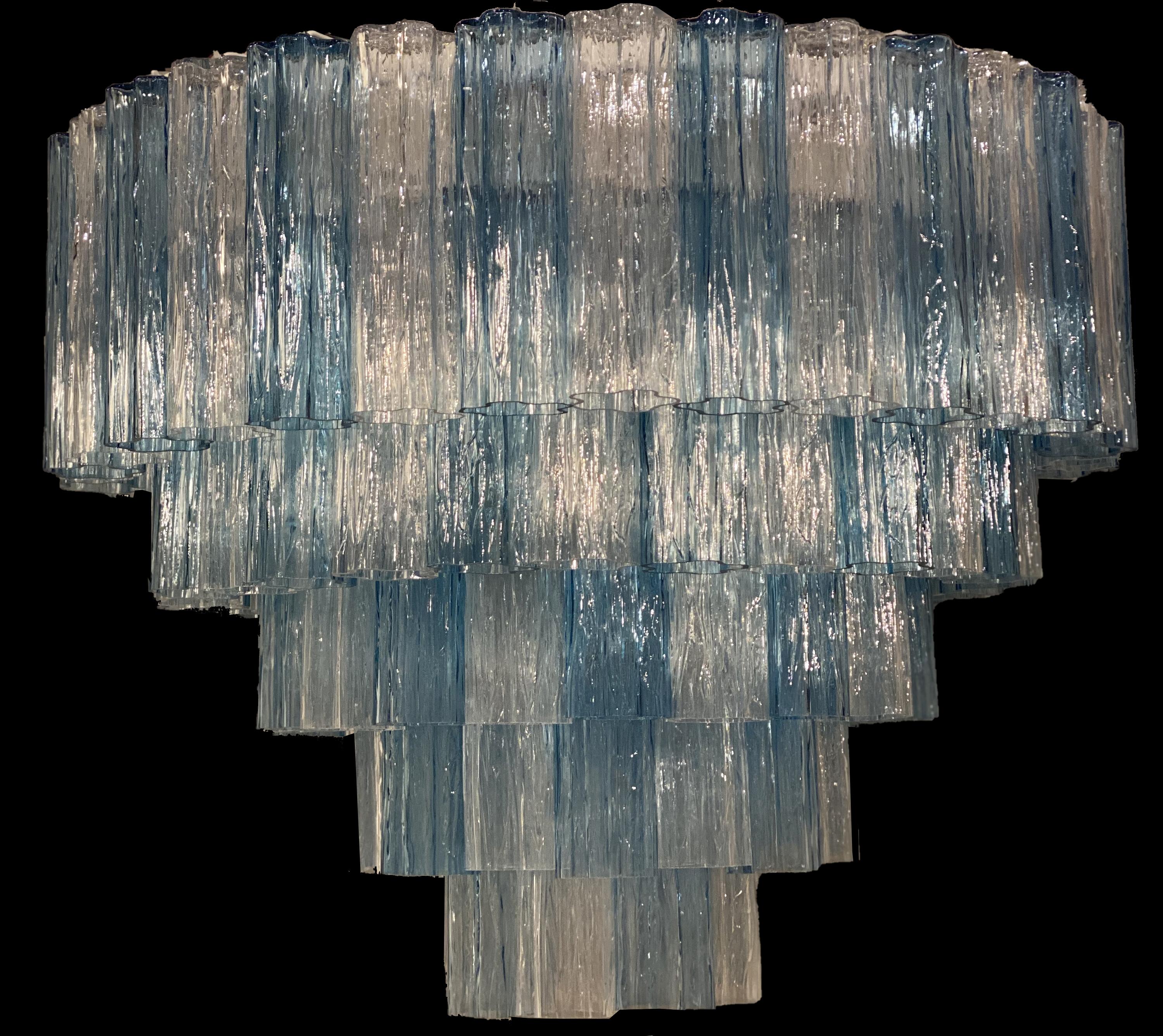 Large Italian Murano Glass Blue and Ice Color Tronchi Chandelier For Sale 3