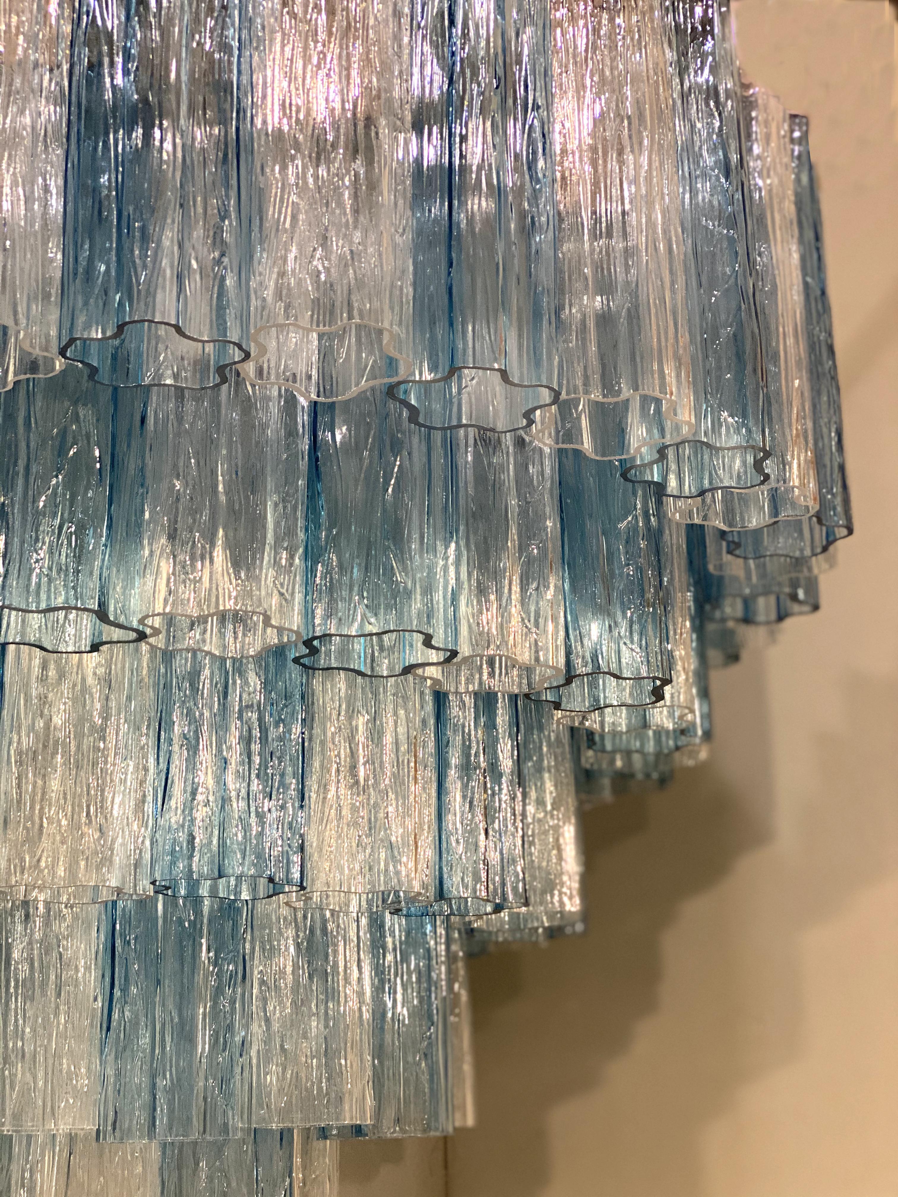 Mid-Century Modern Large Italian Murano Glass Blue and Ice Color Tronchi Chandelier
