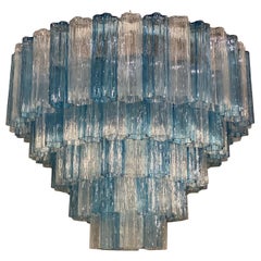 Grande lampadario Tronchi in vetro di Murano blu e color ghiaccio