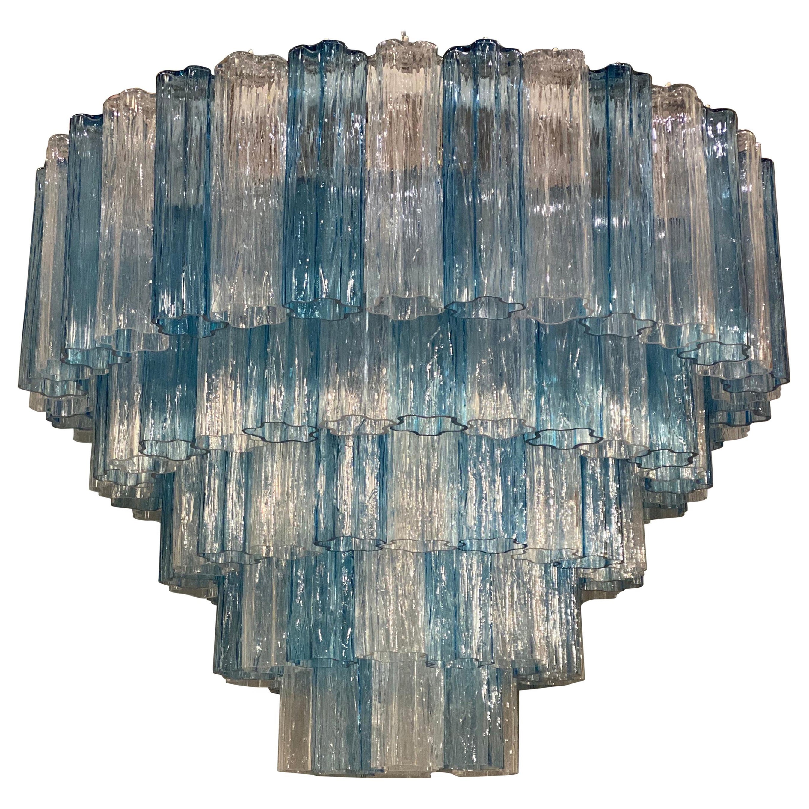 Large Italian Murano Glass Blue and Ice Color Tronchi Chandelier For Sale