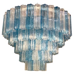 Large Italian Murano Glass Blue and Ice Color Tronchi Chandelier