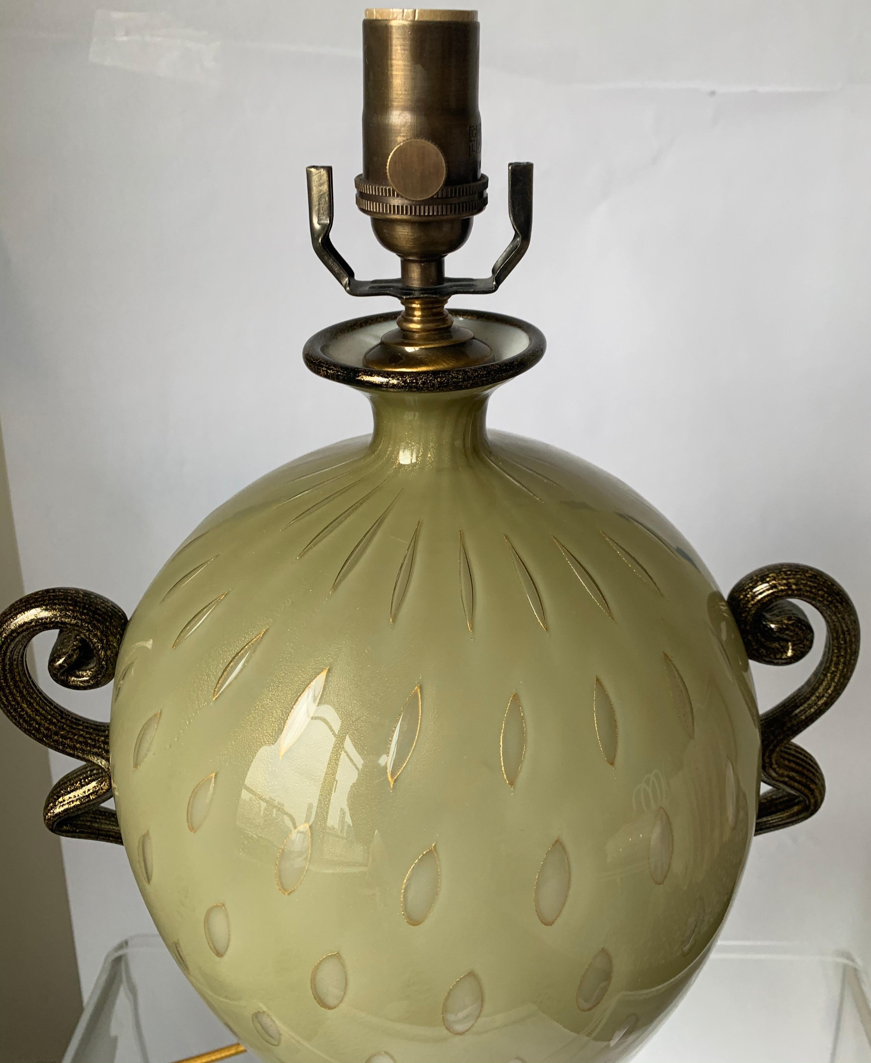 Hollywood Regency Murano Green and Gold Curvy Glass Lamp