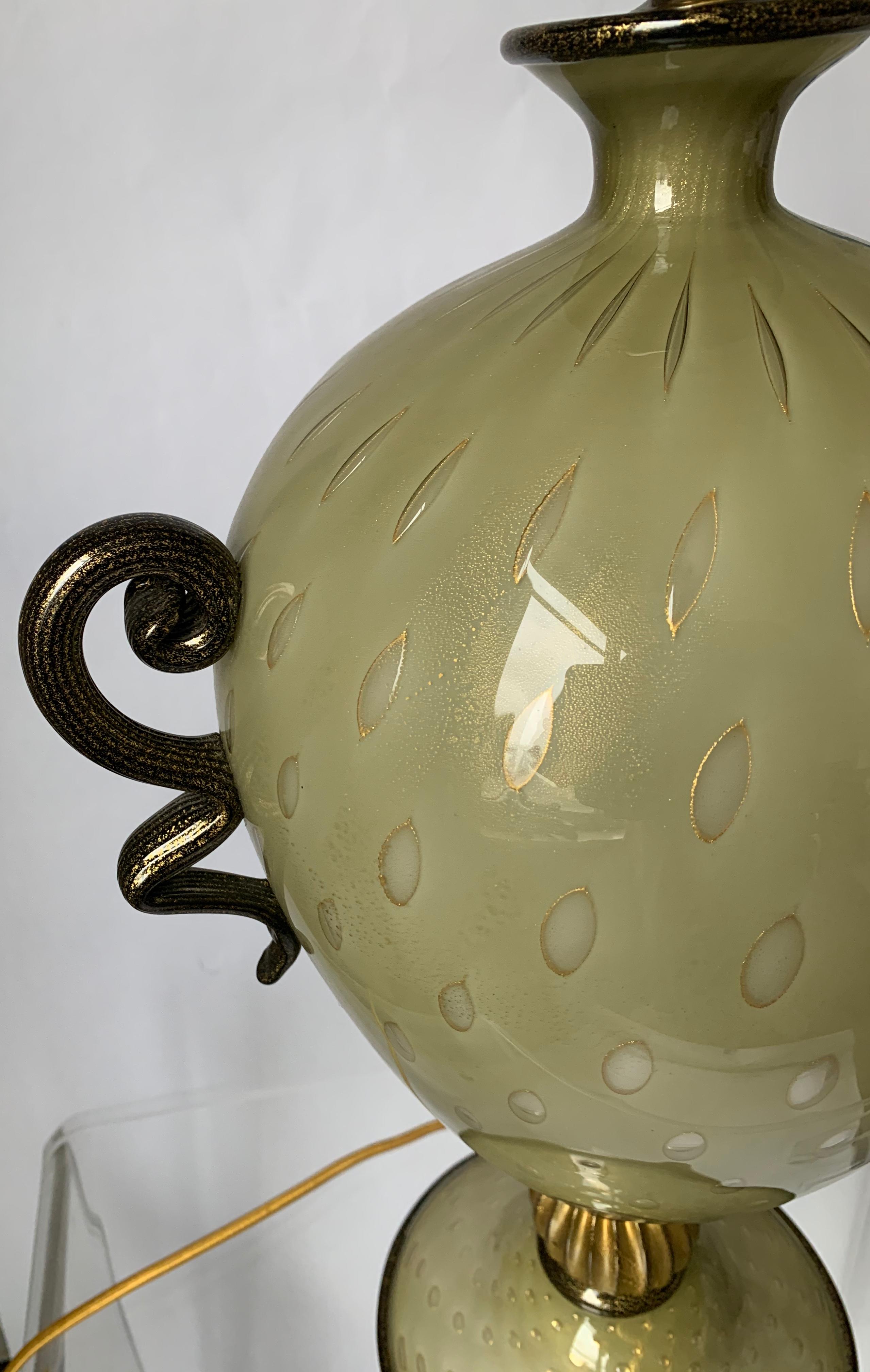 Italian Murano Green and Gold Curvy Glass Lamp