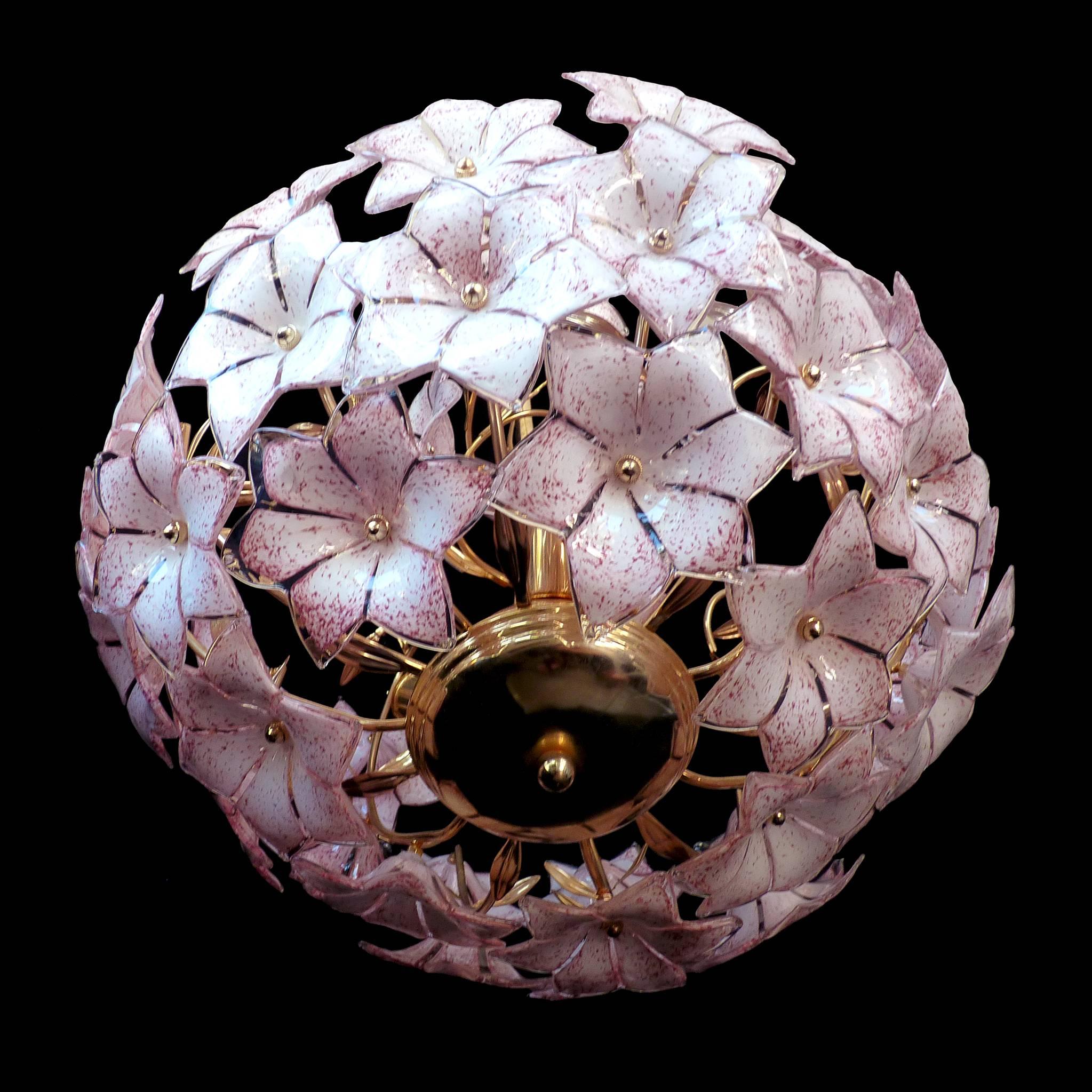 Mid-Century Modern Large Italian Murano Pink Flower Bouquet Art Glass and Gilt Brass Chandelier For Sale