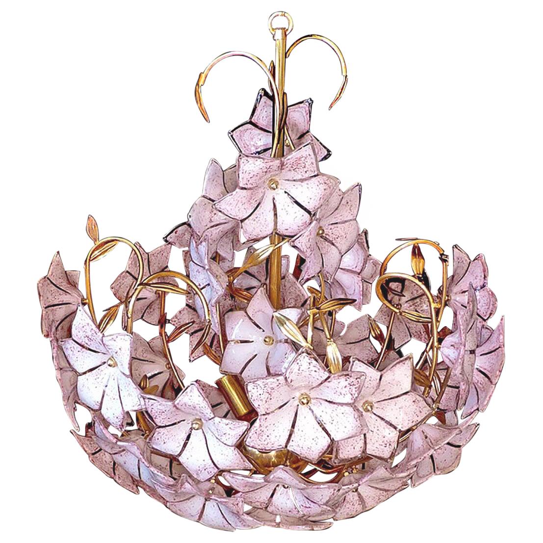 Large Italian Murano Pink Flower Bouquet Art Glass and Gilt Brass Chandelier For Sale