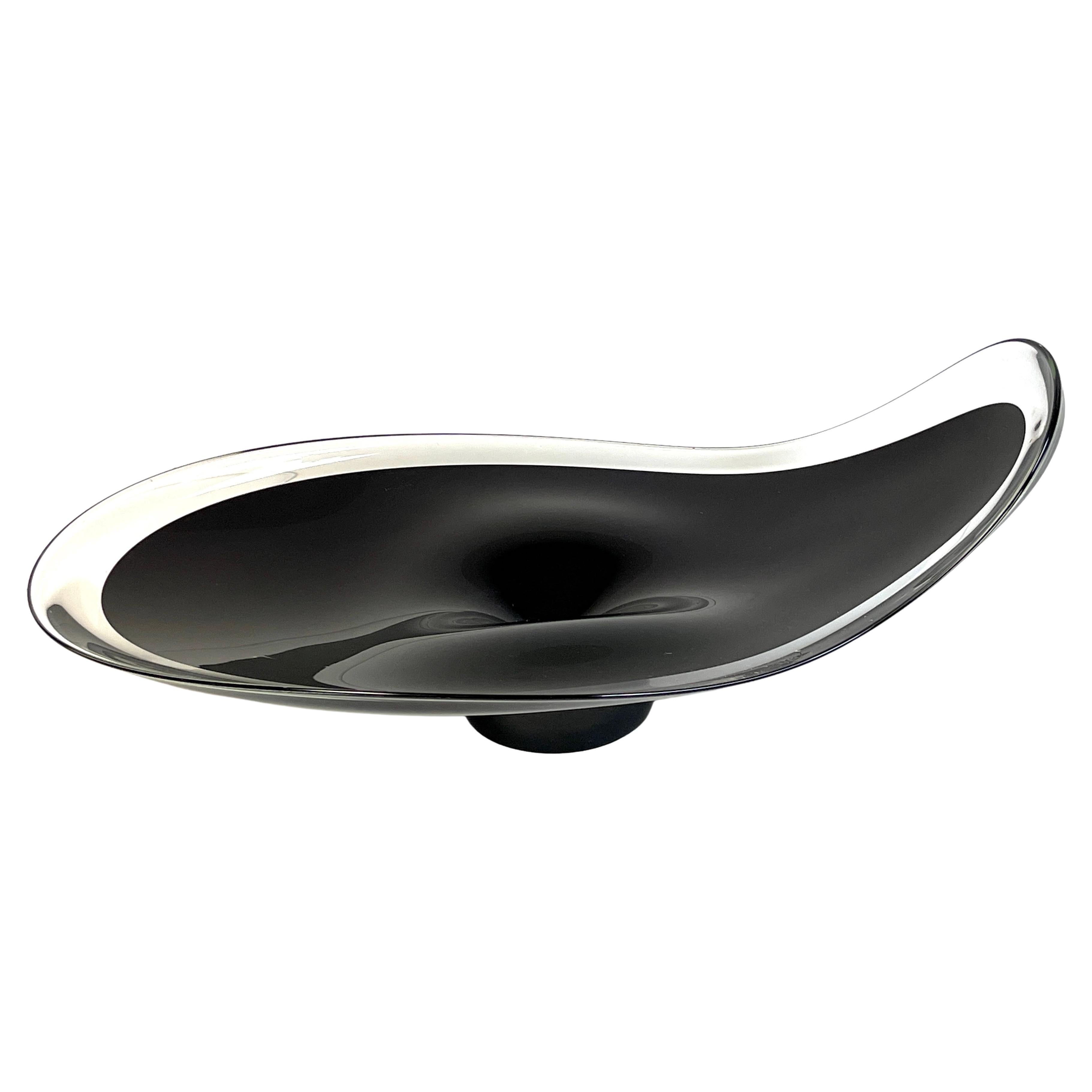 Large Italian Murano Sommerso Flavio Poli Glass Black & Clear Free Form Bowl For Sale