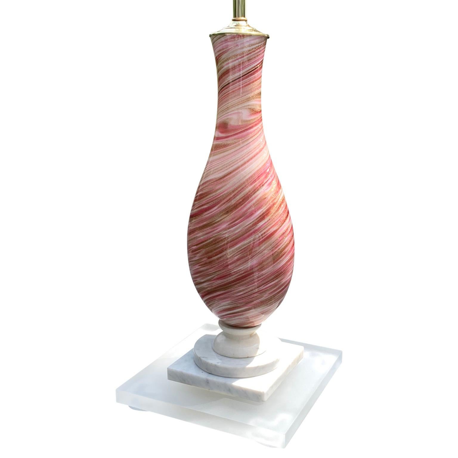 Large Italian Murano table lamp on marble and frosted Lucite base in pink, red, white and gold.