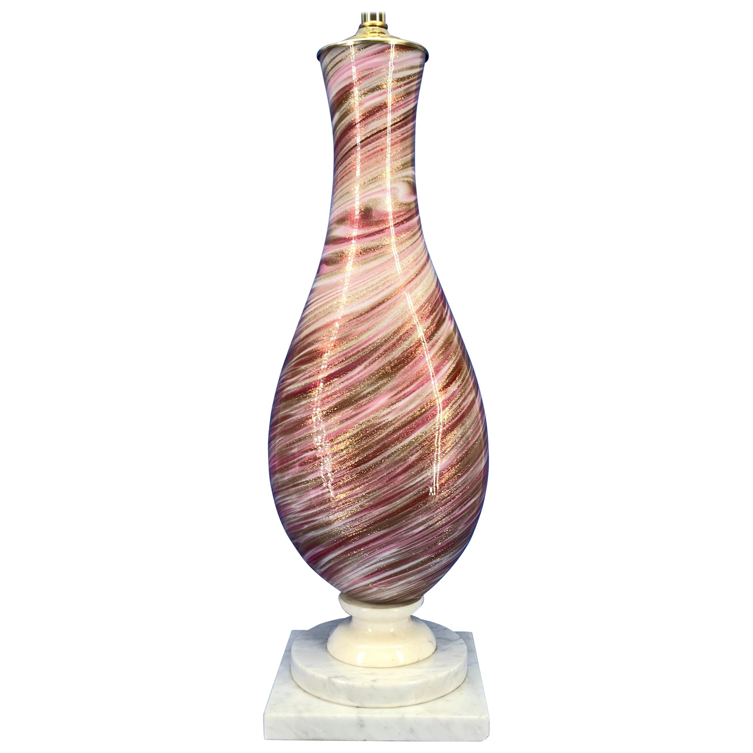 Large Italian Murano Table Lamp on Marble and Frosted Lucite Base in Pink & Gold For Sale