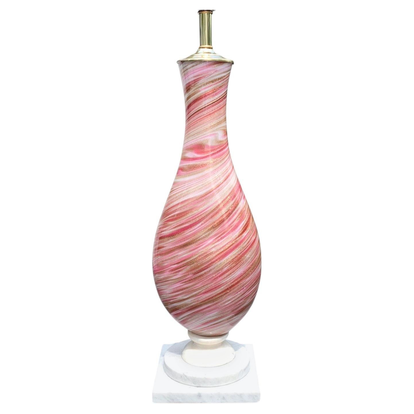 Large Italian Murano Table Lamp on Marble and Frosted Lucite Base in Pink & Gold
