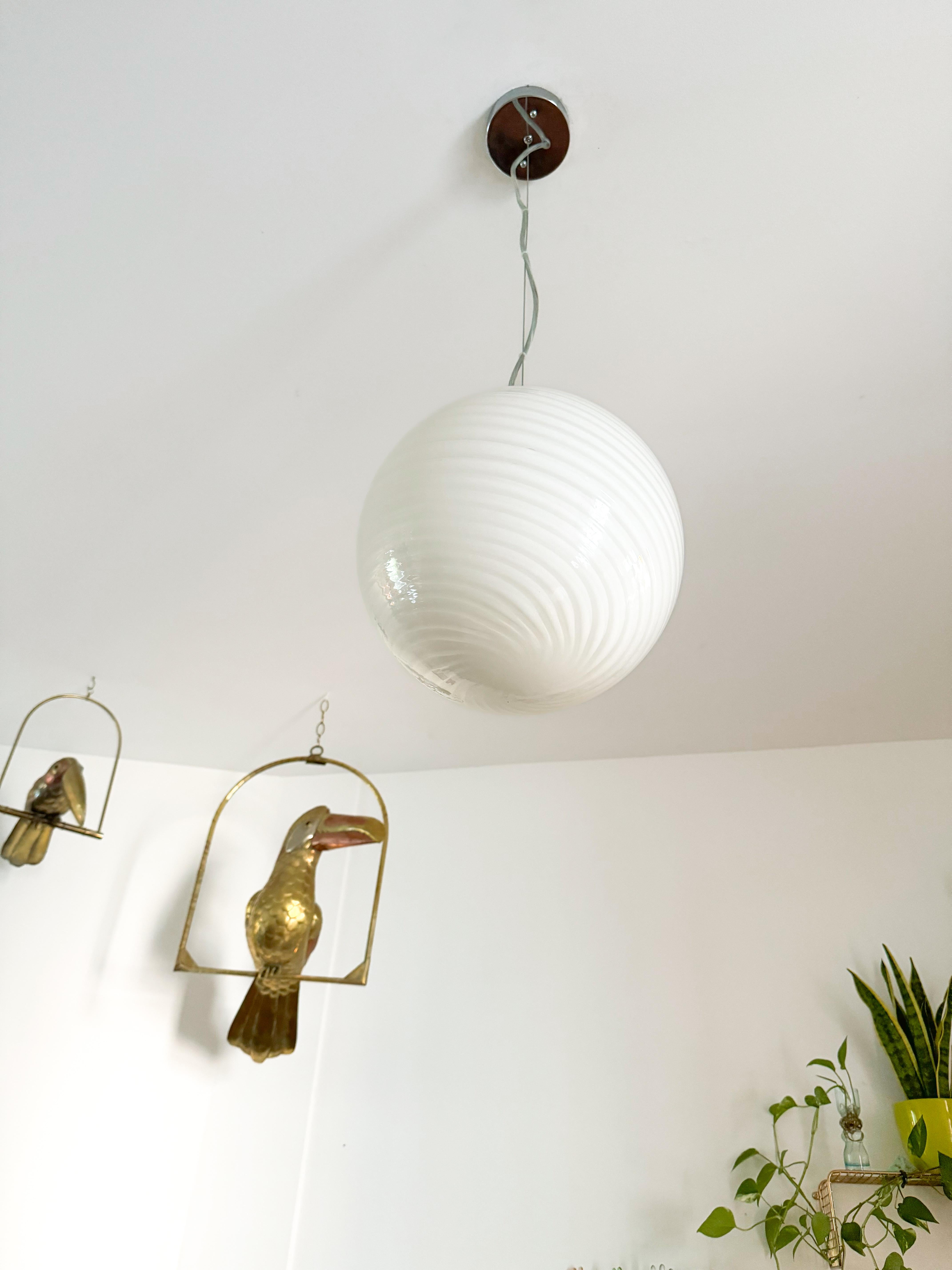 Mid-Century Modern Large Italian Murano White Glass Swirl Sphere Globe Pendant Lamp Chandelier 1970