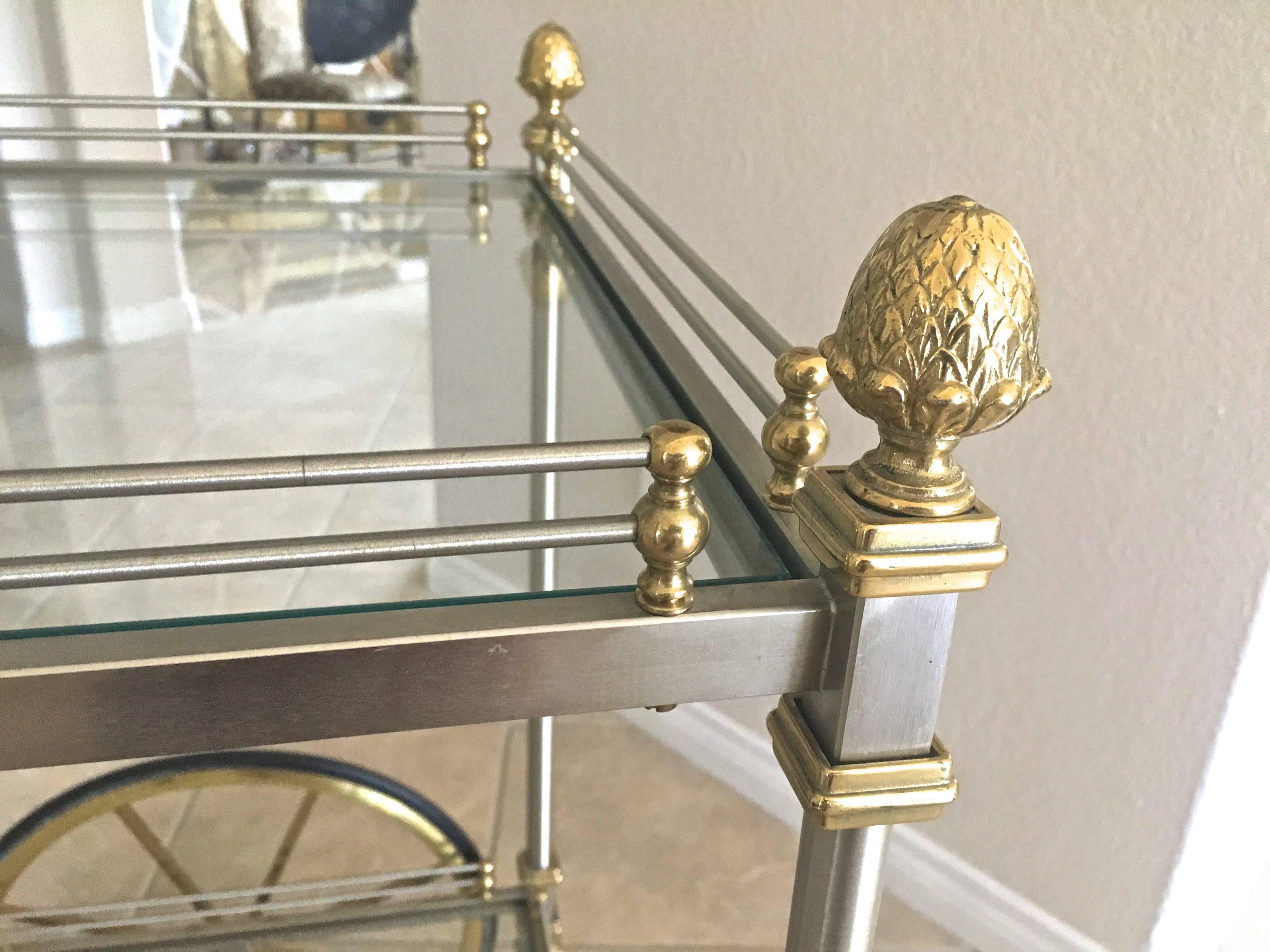 Large Italian Neoclassic Brass and Brushed Steel Bar or Tea Cart 6
