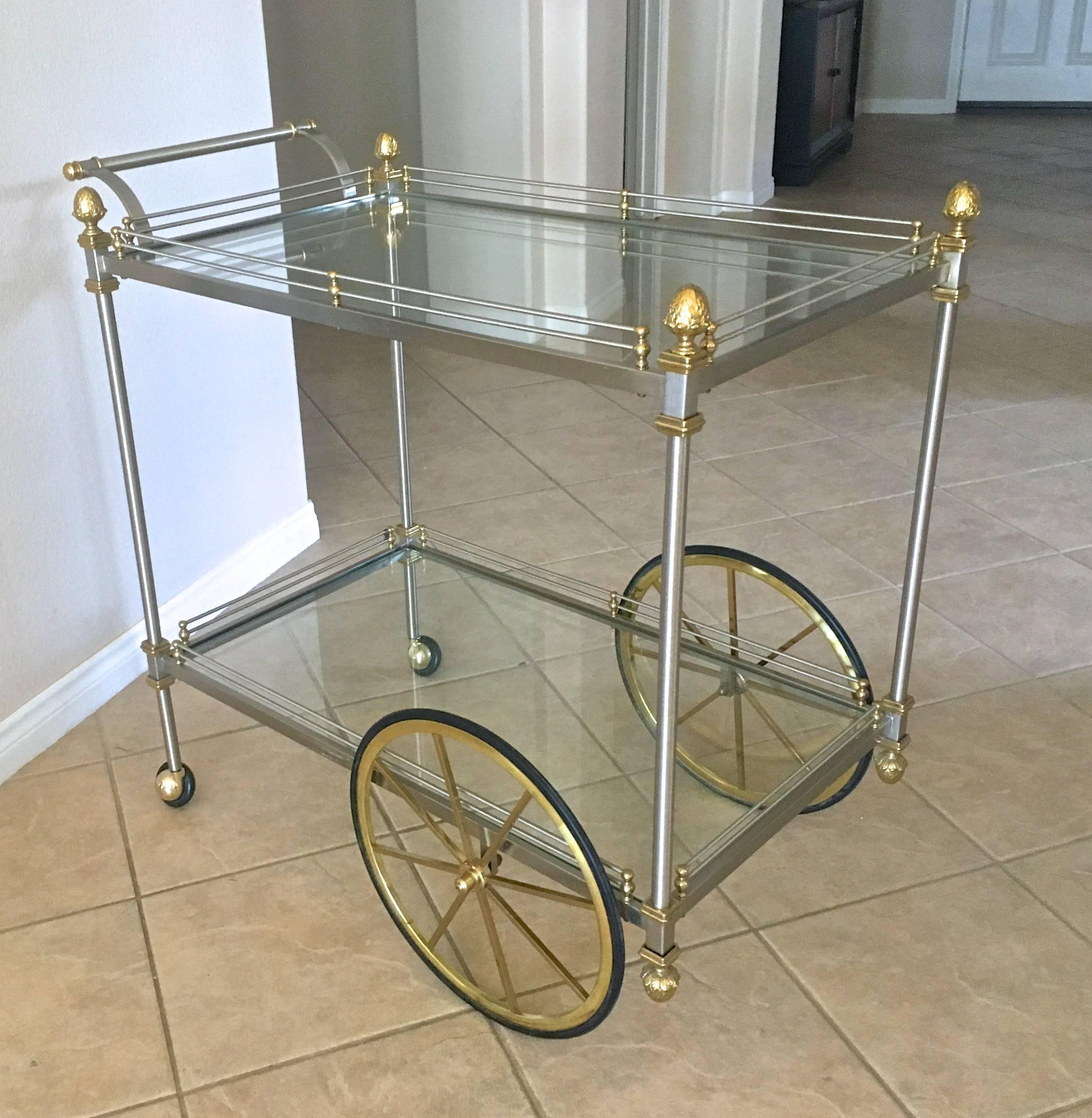 Large Italian Neoclassic Brass and Brushed Steel Bar or Tea Cart 8