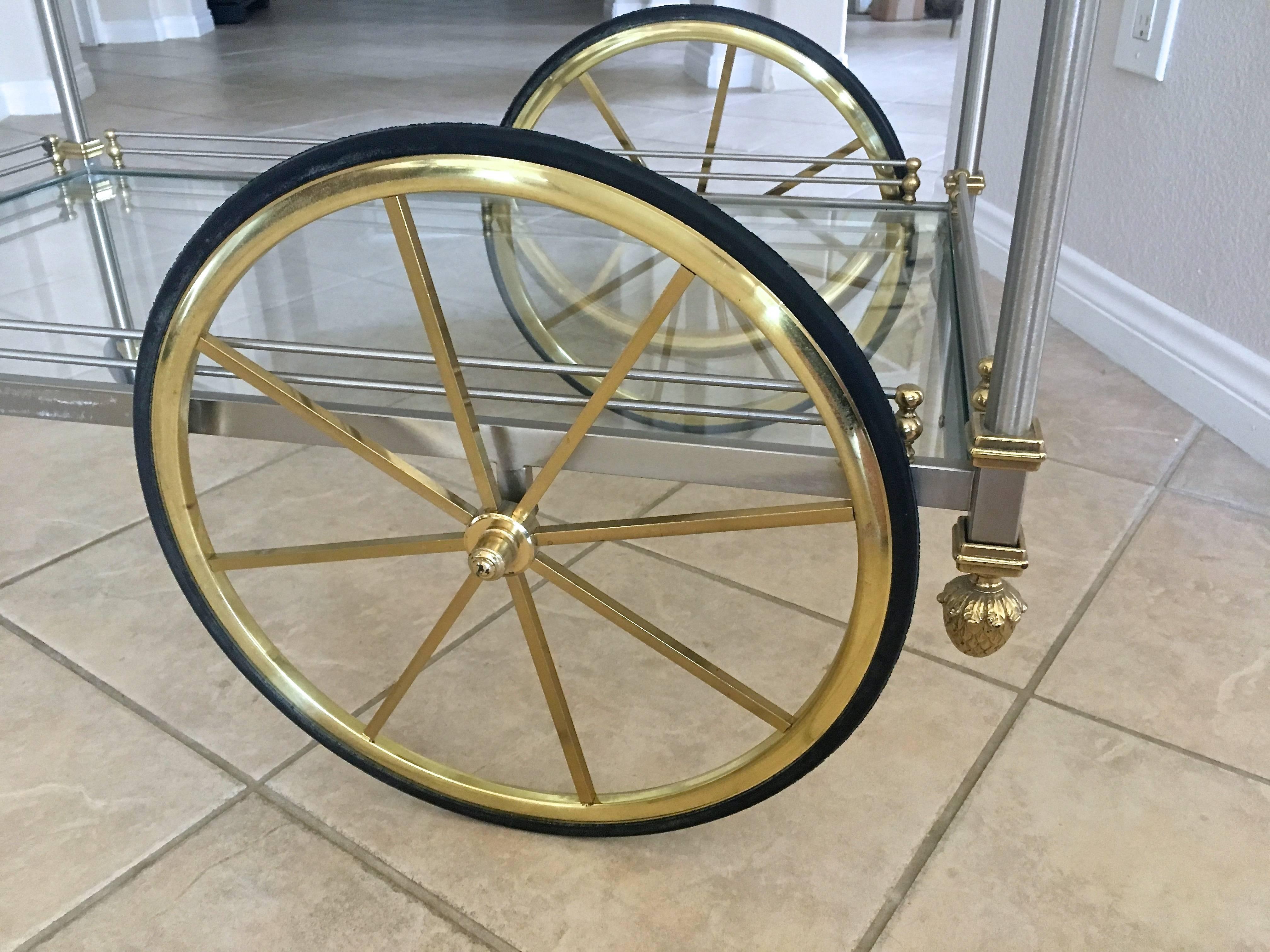 Large Italian Neoclassic Brass and Brushed Steel Bar or Tea Cart 10