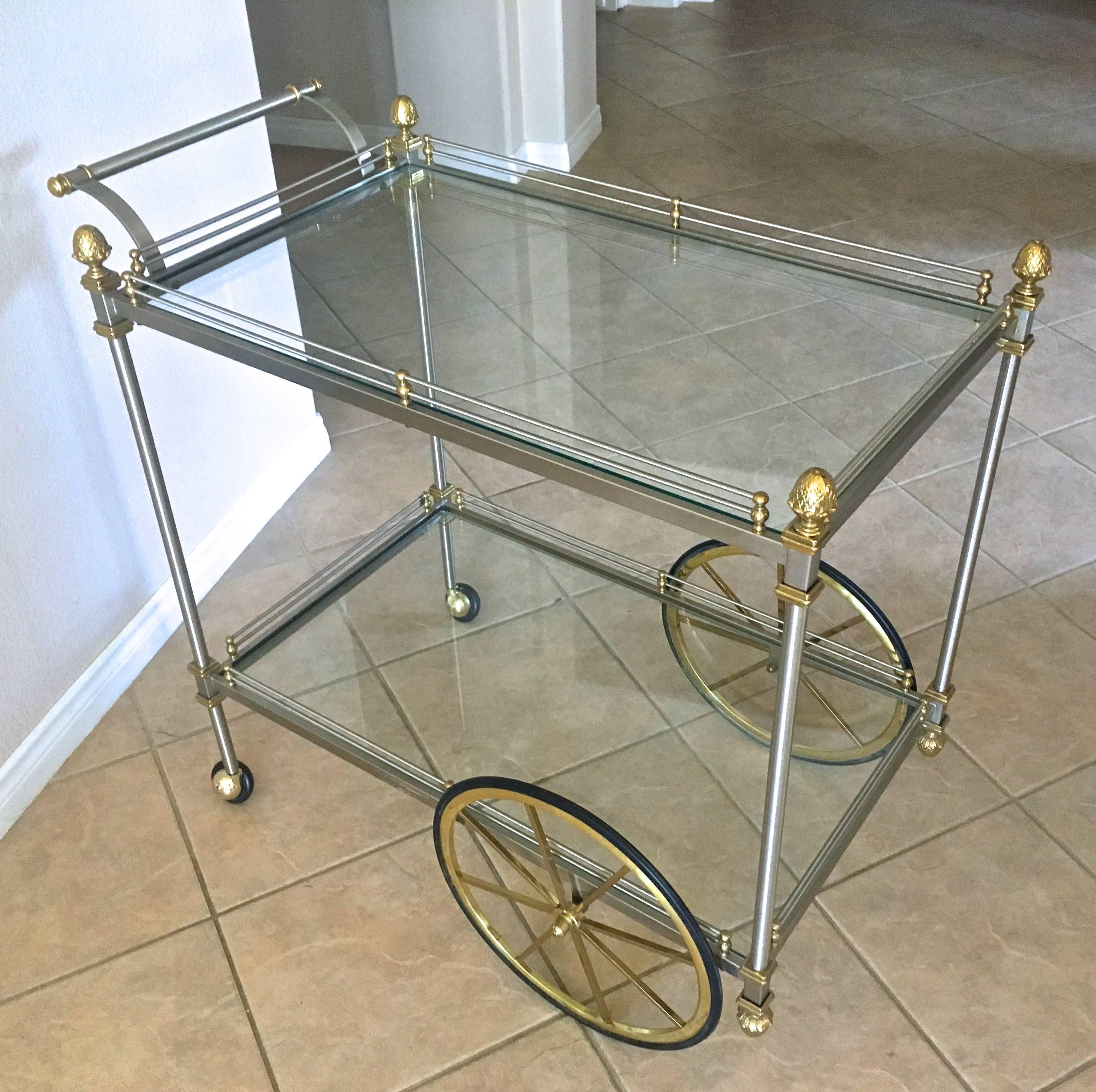 Large Italian Neoclassic Brass and Brushed Steel Bar or Tea Cart 12