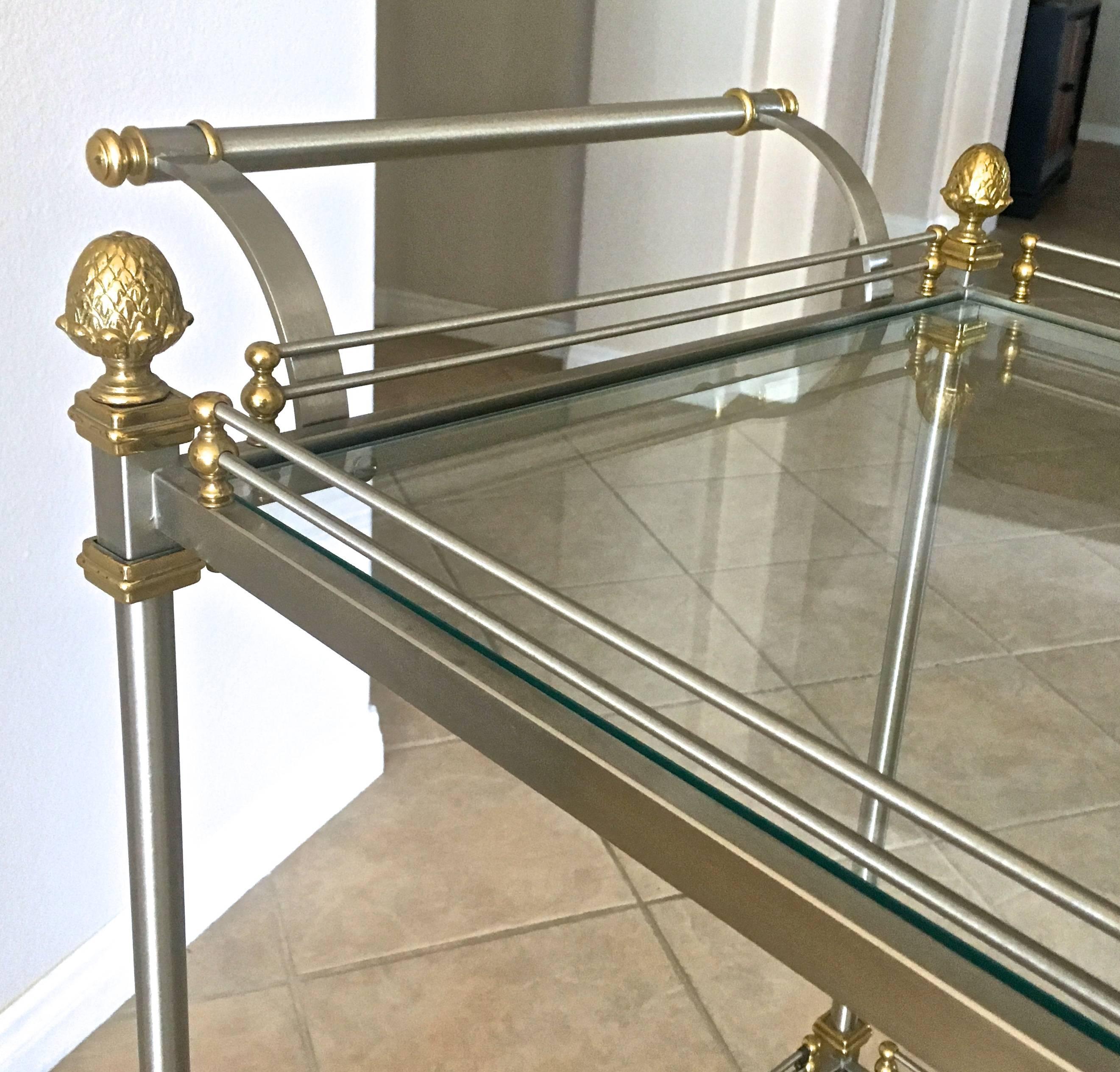 Large Italian Neoclassic Brass and Brushed Steel Bar or Tea Cart 13