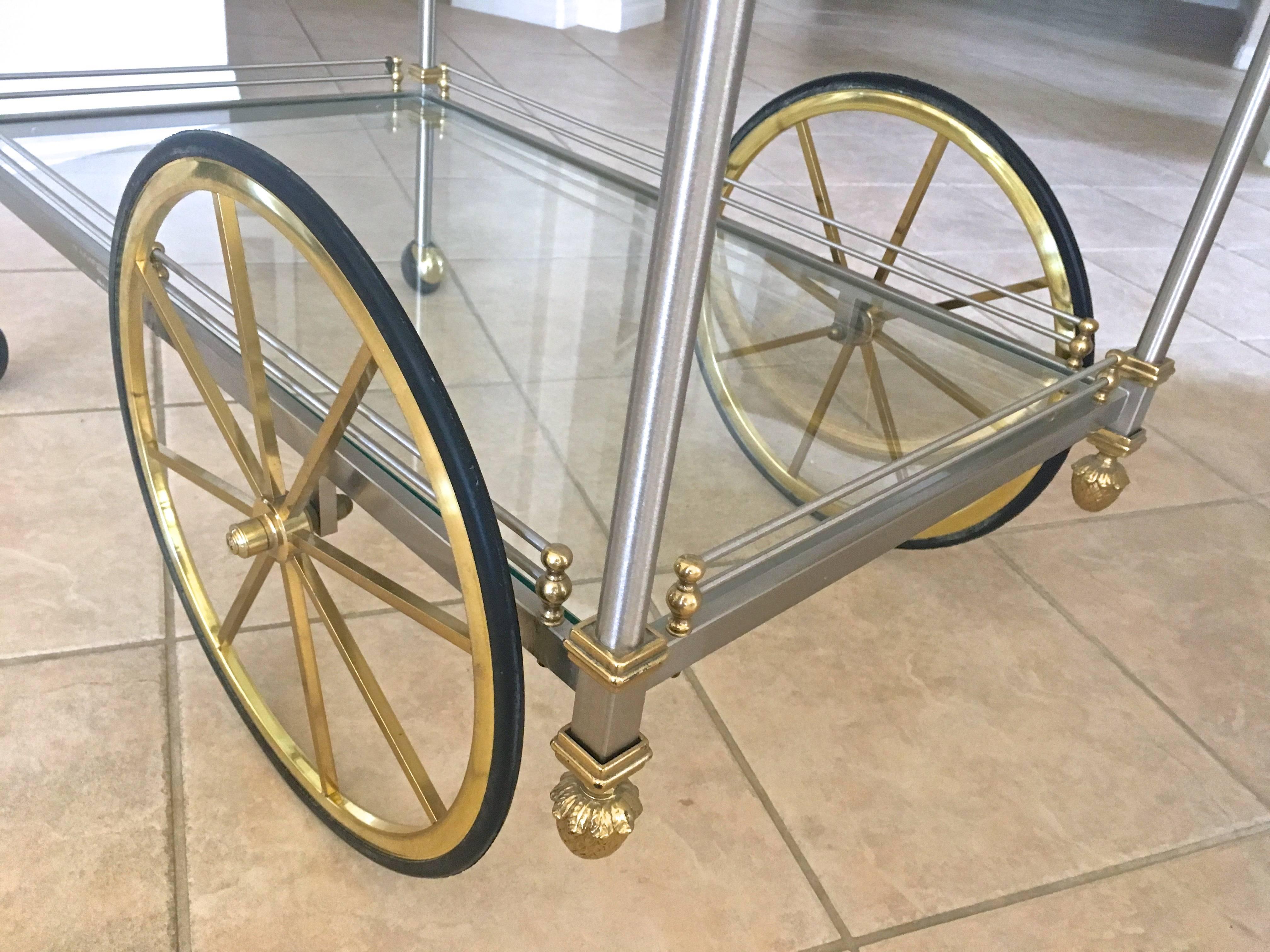 Large Italian Neoclassic Brass and Brushed Steel Bar or Tea Cart 14
