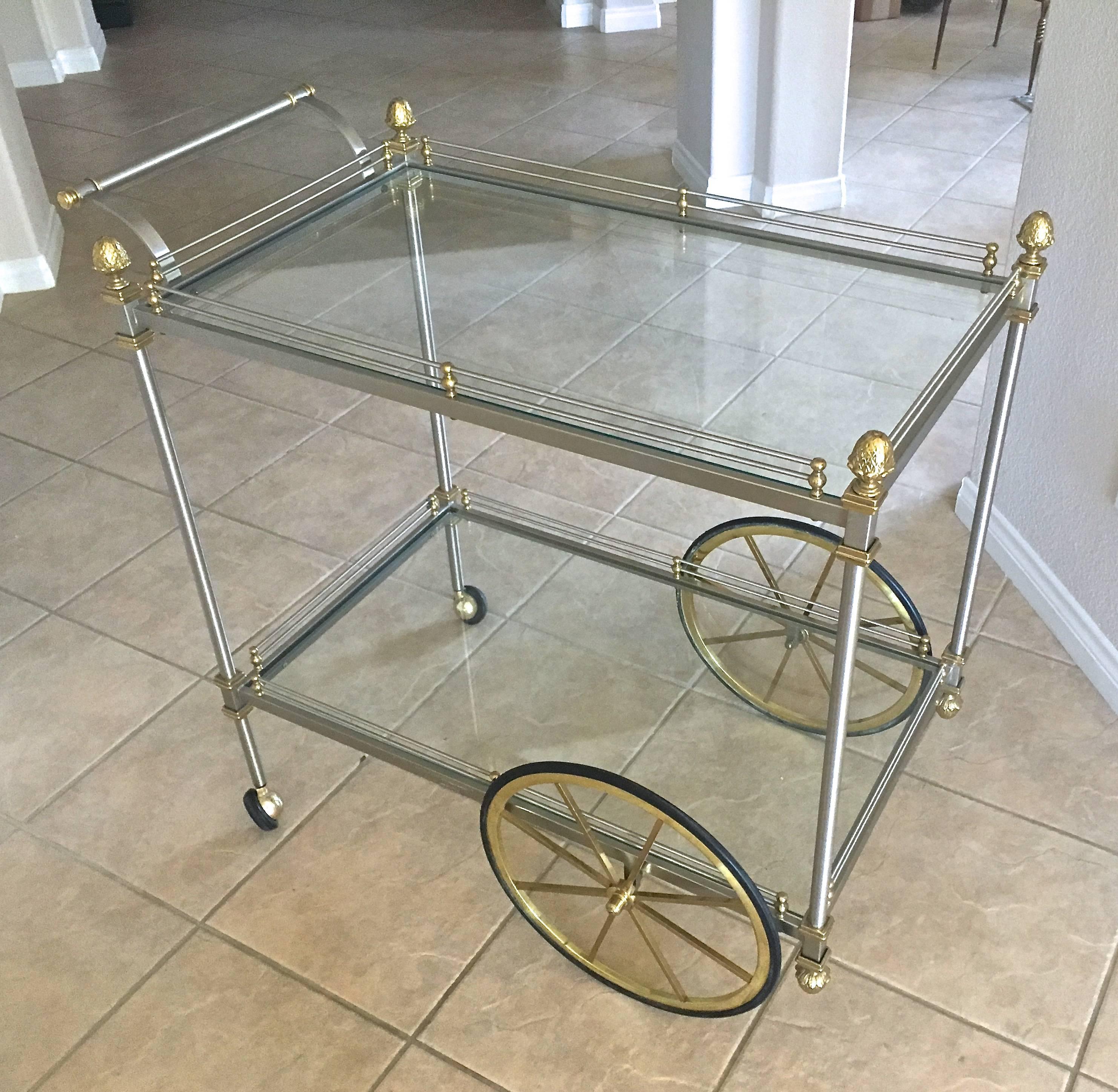 Large Italian Neoclassic Brass and Brushed Steel Bar or Tea Cart 15