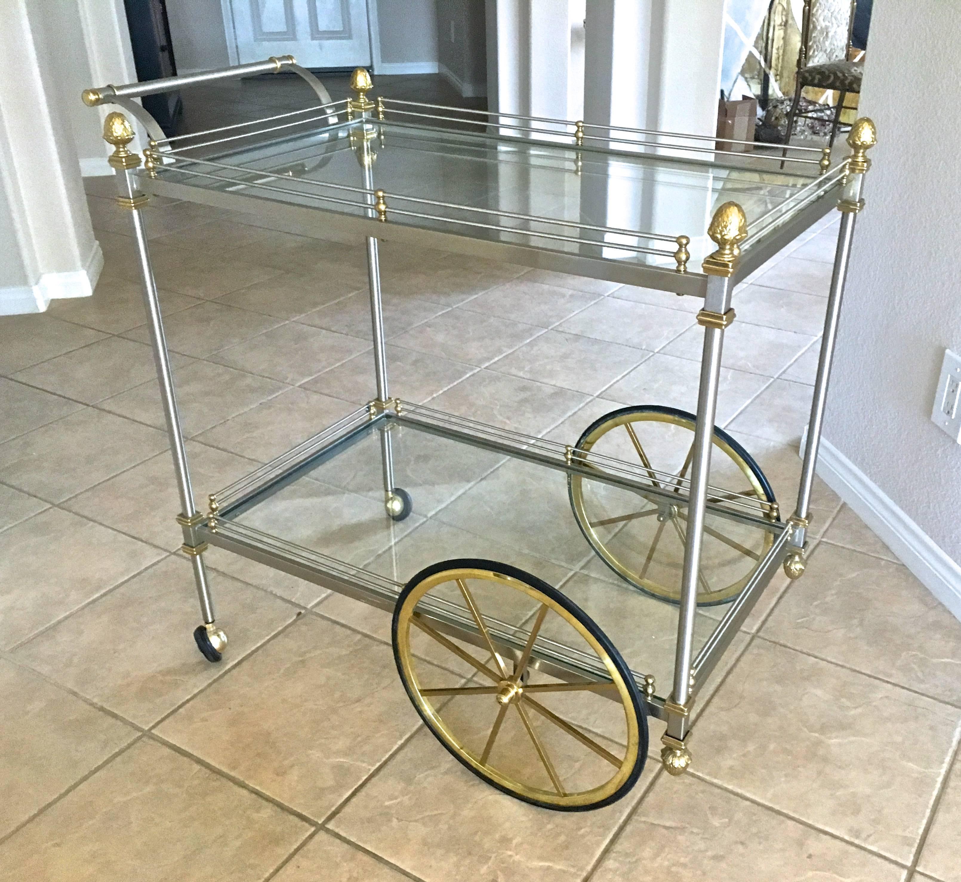 Large Italian Neoclassic Brass and Brushed Steel Bar or Tea Cart 16