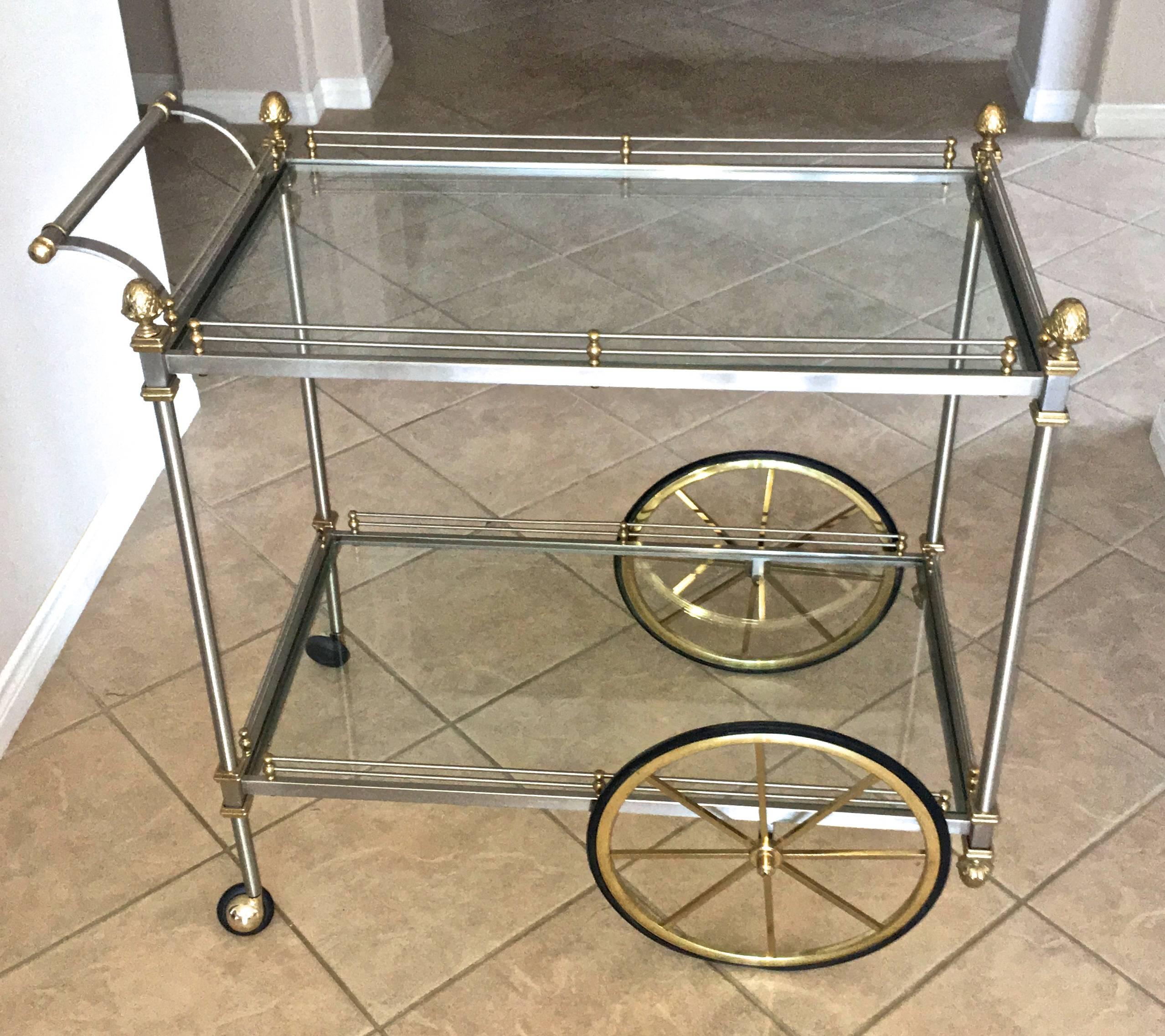 Large Italian Neoclassic Brass and Brushed Steel Bar or Tea Cart In Good Condition In Palm Springs, CA