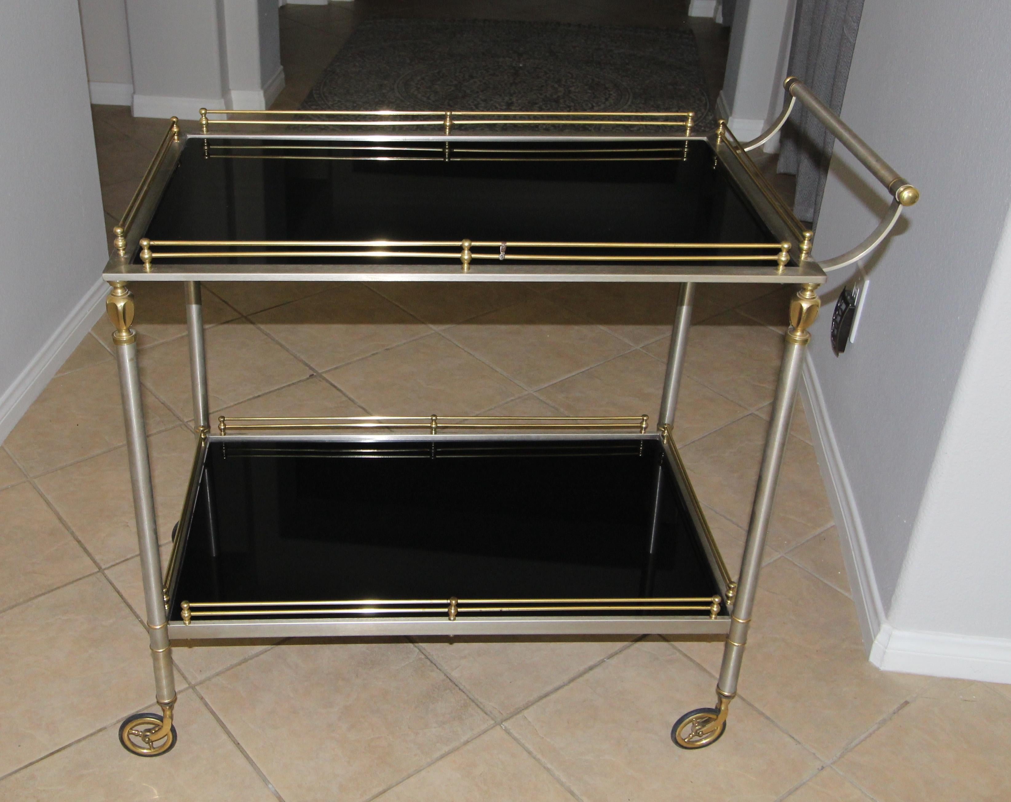 Large Italian Neoclassic Brass and Brushed Steel Bar or Tea Cart In Good Condition In Palm Springs, CA