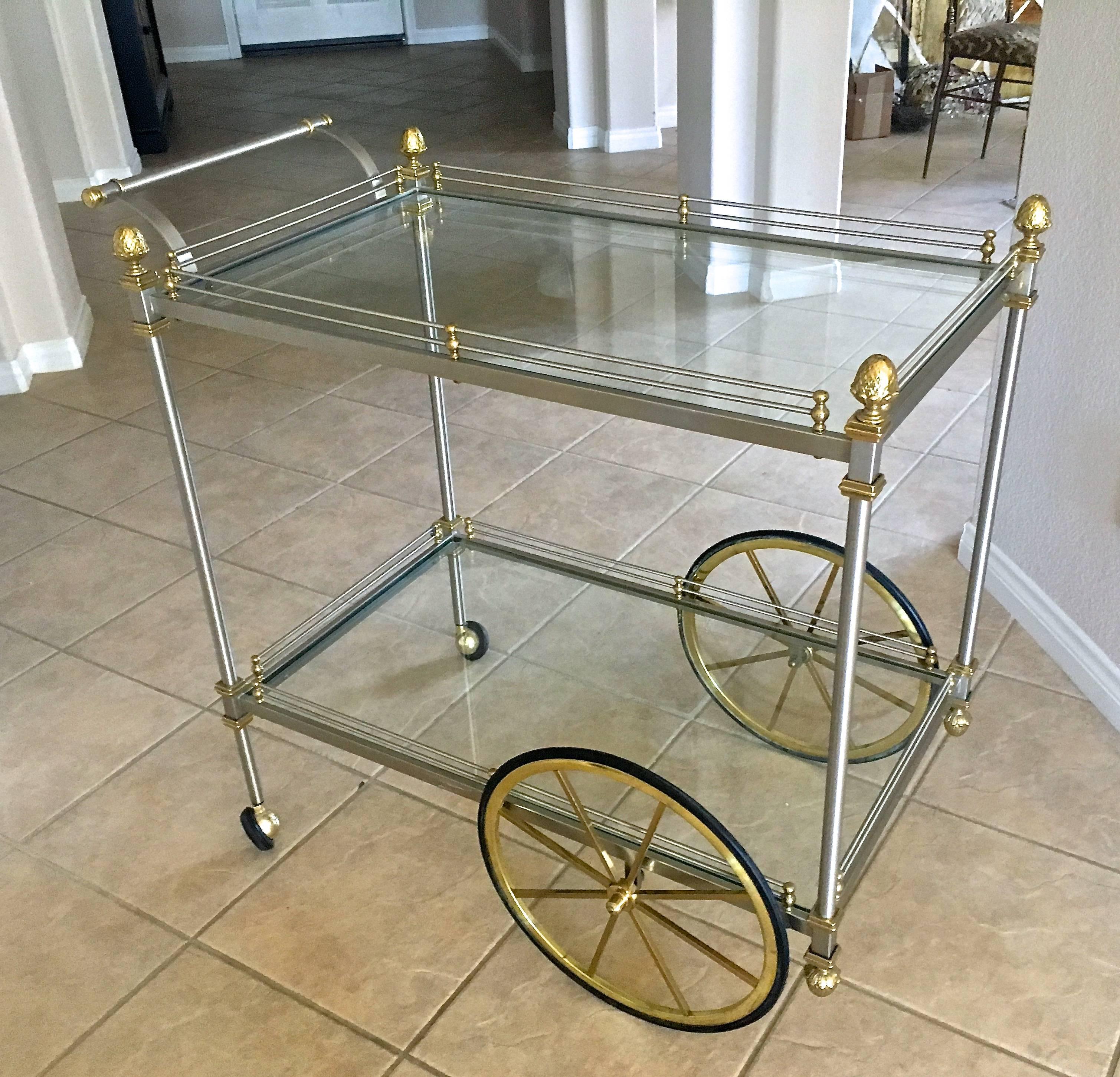 Mid-20th Century Large Italian Neoclassic Brass and Brushed Steel Bar or Tea Cart