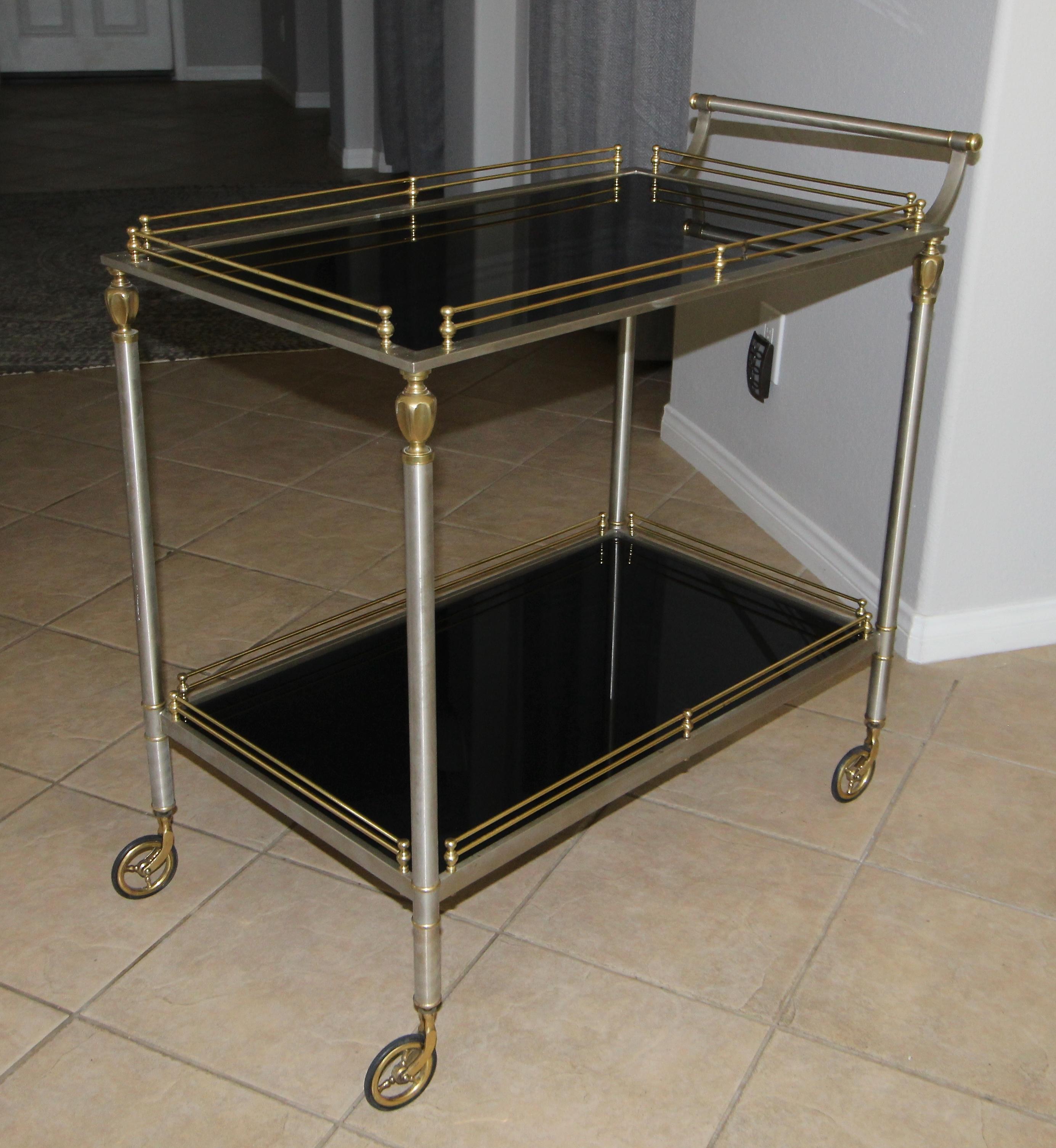 Mid-20th Century Large Italian Neoclassic Brass and Brushed Steel Bar or Tea Cart