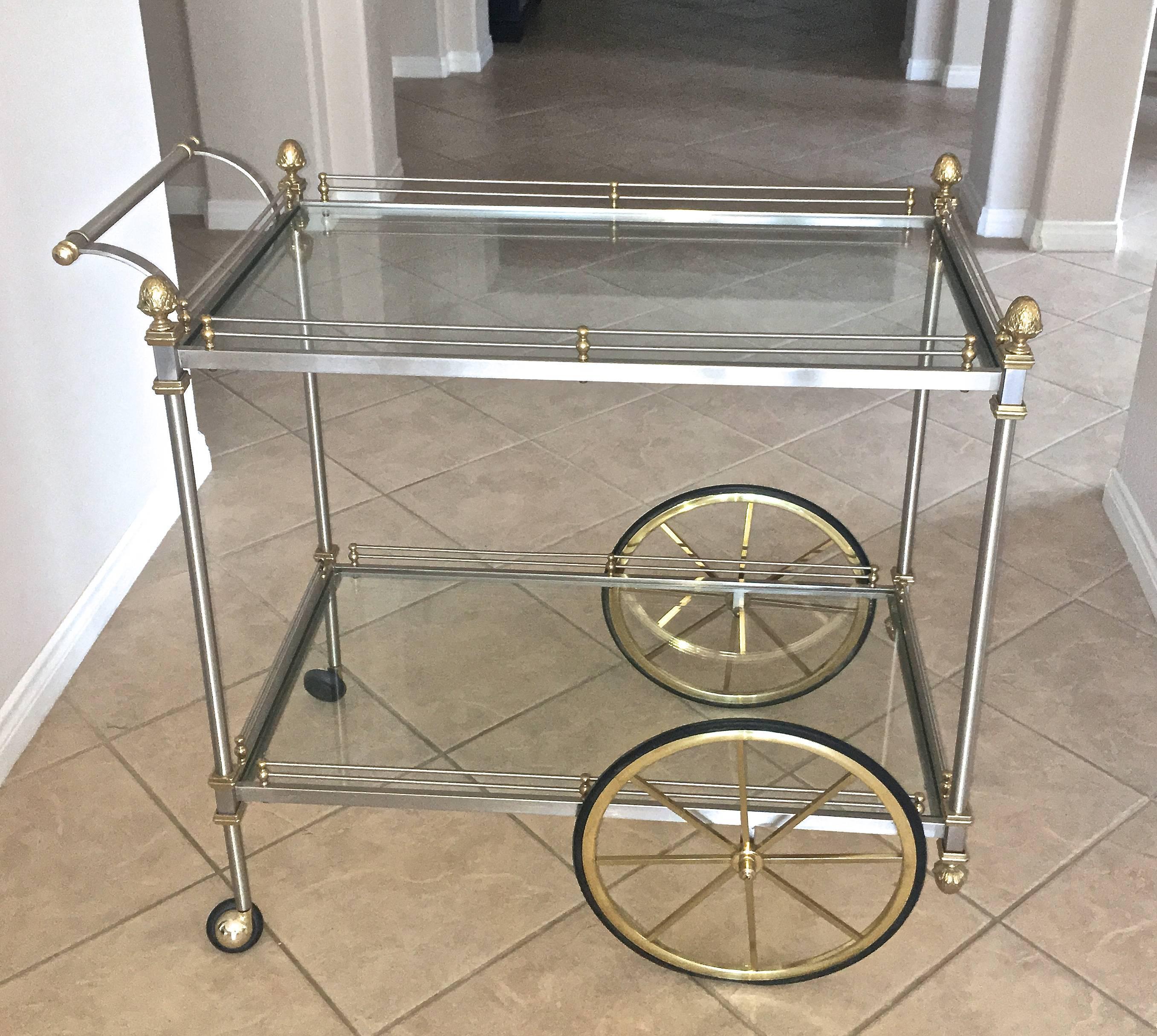 Large Italian Neoclassic Brass and Brushed Steel Bar or Tea Cart 1