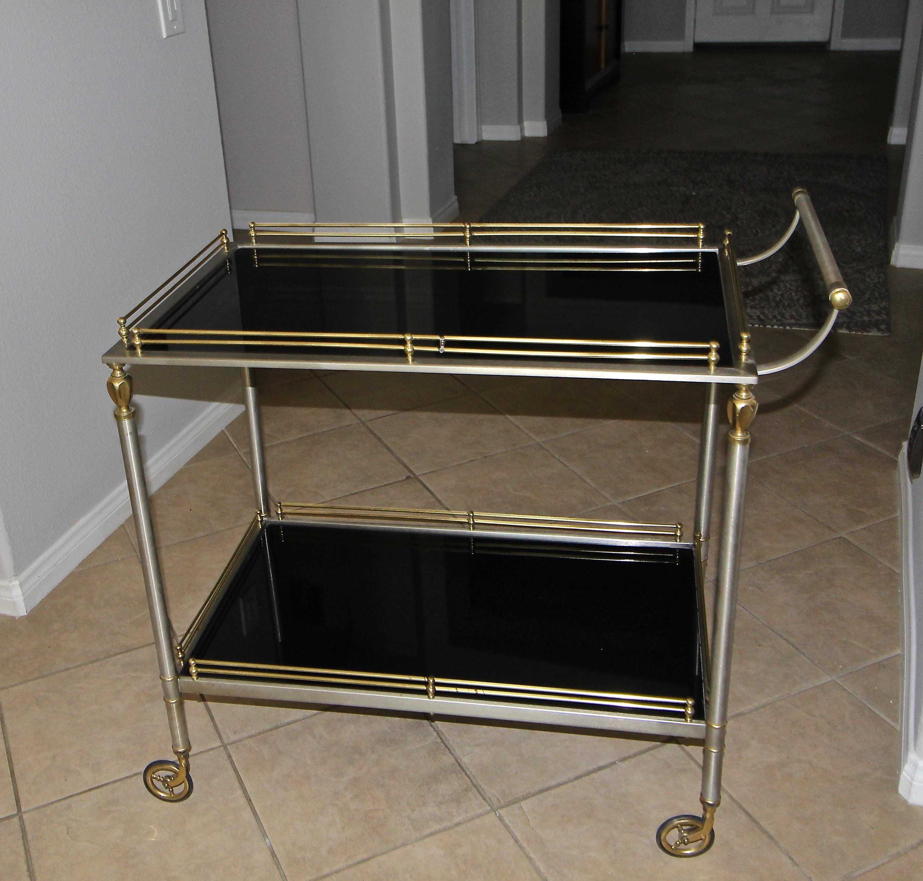 Large Italian Neoclassic Brass and Brushed Steel Bar or Tea Cart 1