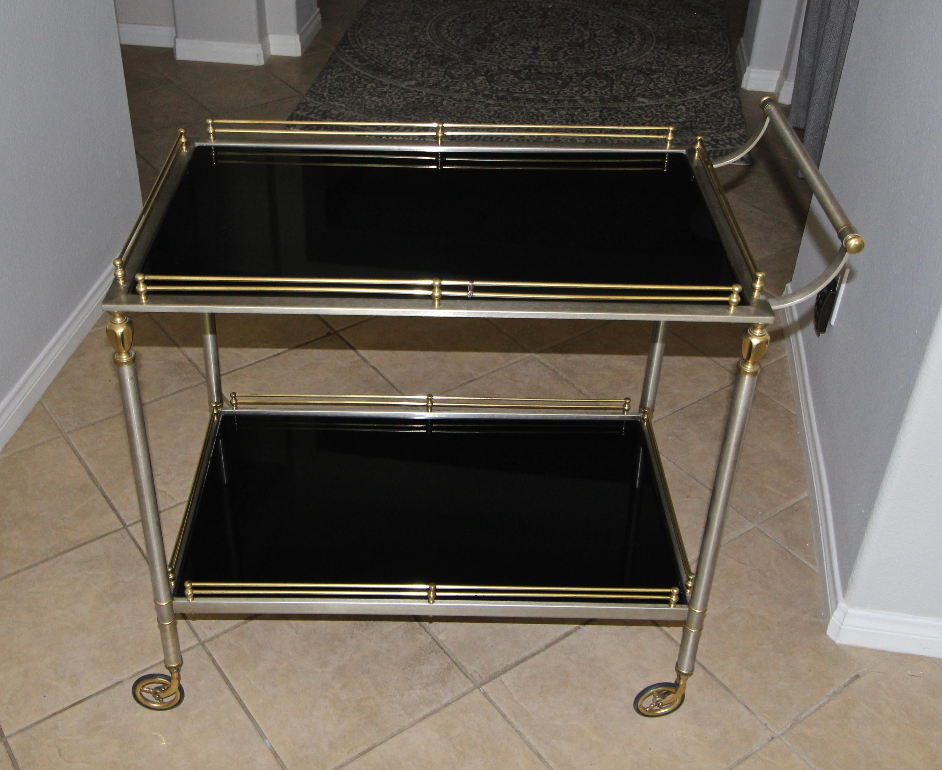 Large Italian Neoclassic Brass and Brushed Steel Bar or Tea Cart 2