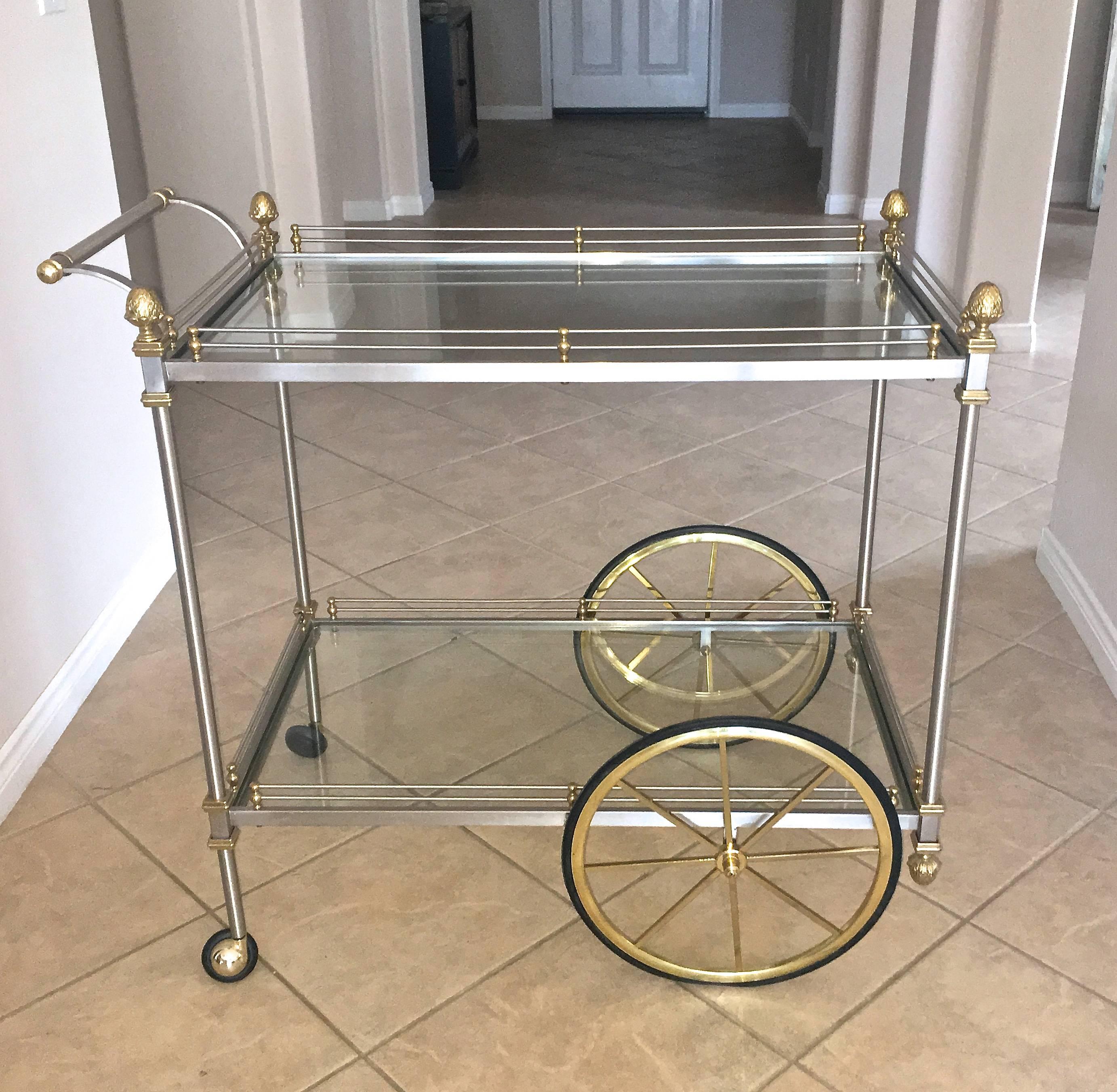 Large Italian Neoclassic Brass and Brushed Steel Bar or Tea Cart 3