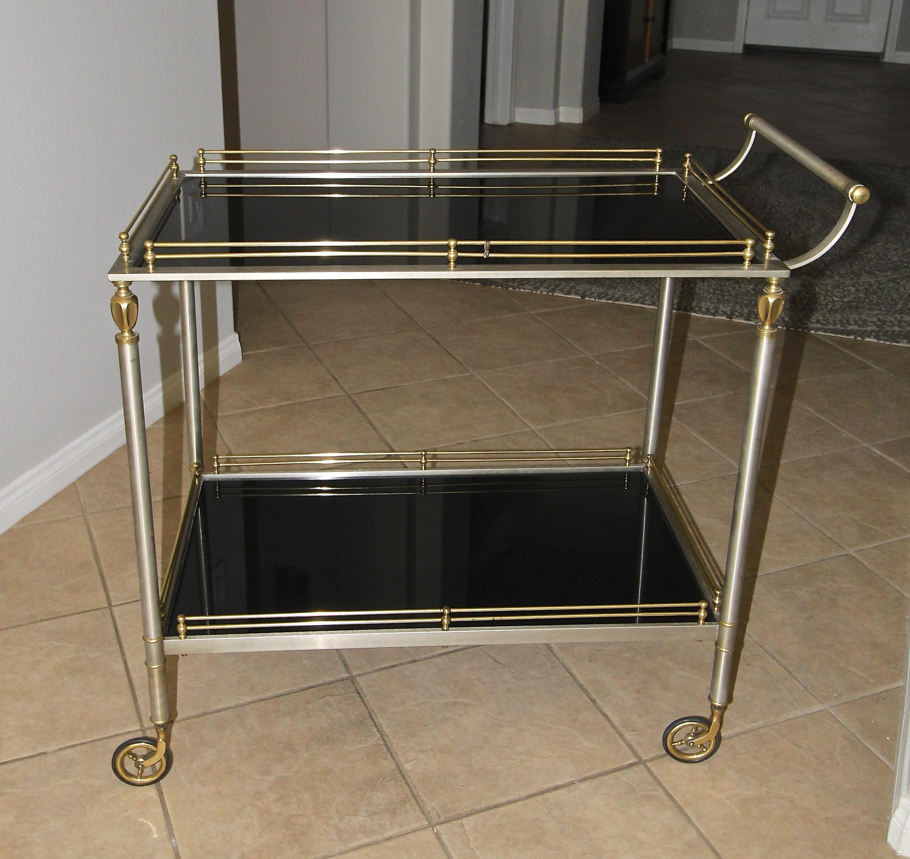 Large Italian Neoclassic Brass and Brushed Steel Bar or Tea Cart 3