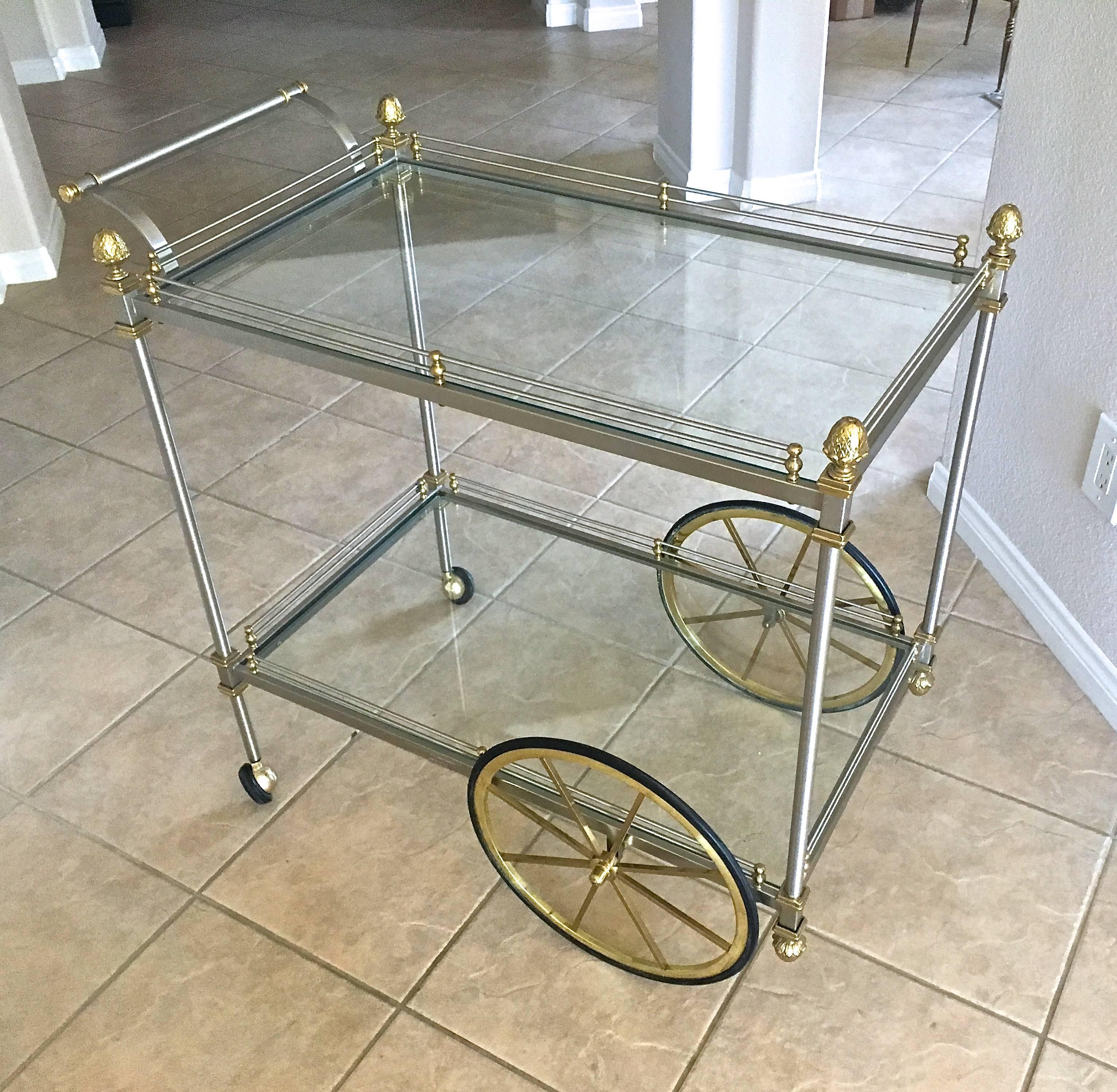 Large Italian Neoclassic Brass and Brushed Steel Bar or Tea Cart 4