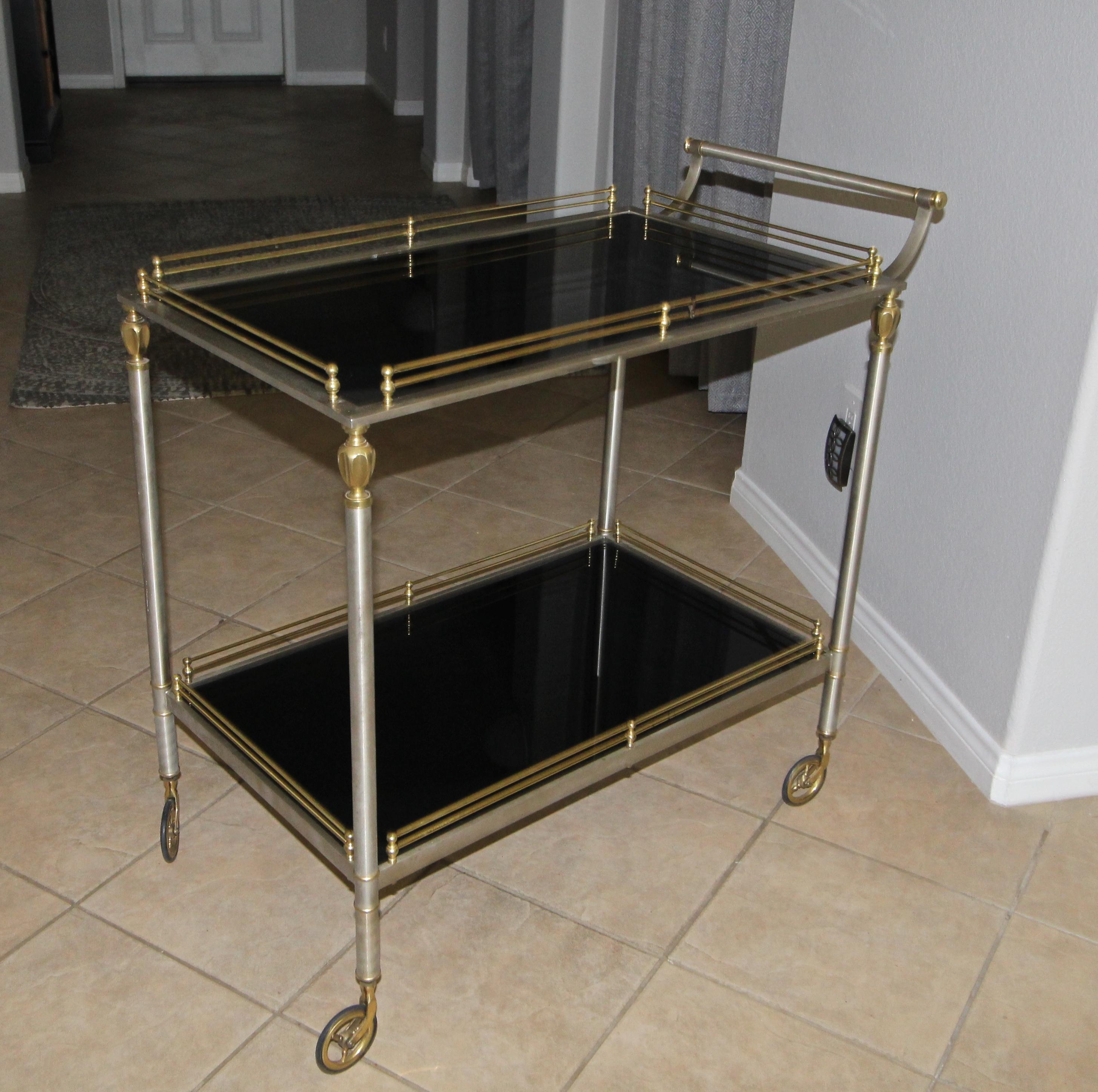 Large Italian Neoclassic Brass and Brushed Steel Bar or Tea Cart 4