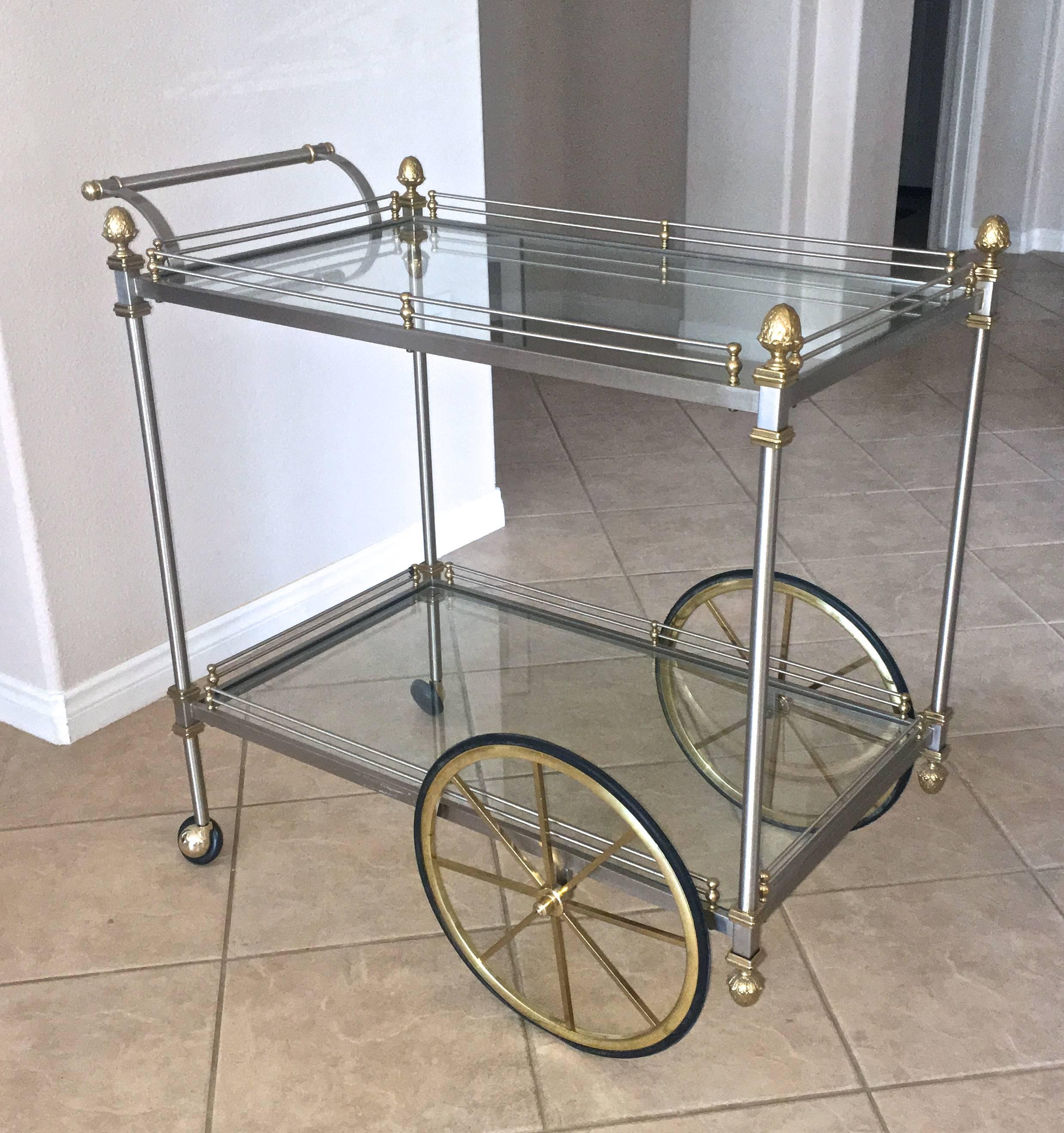 Large Italian Neoclassic Brass and Brushed Steel Bar or Tea Cart 5